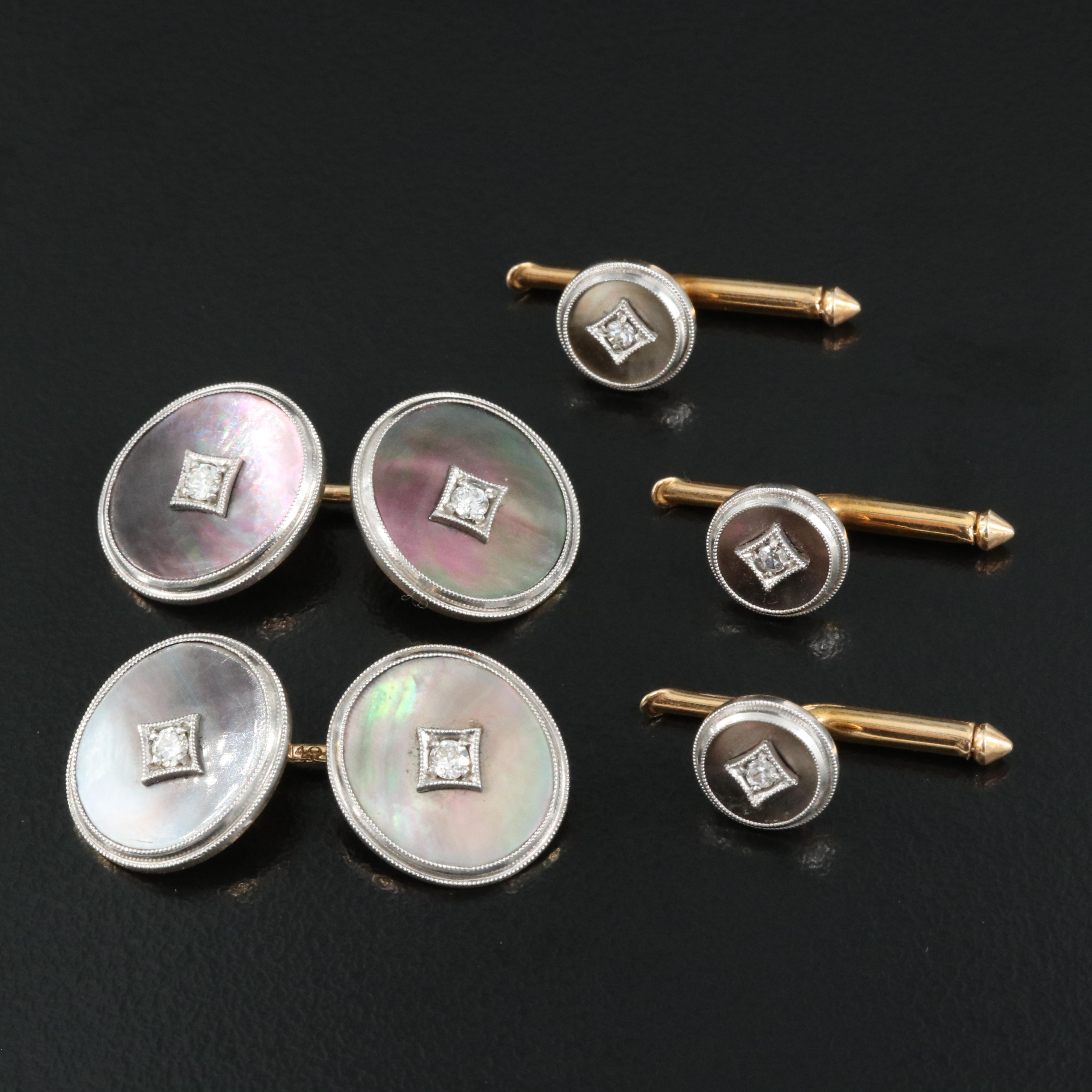 Antique Larter & Sons 14K Mother of Pearl and Diamond Tuxedo Set