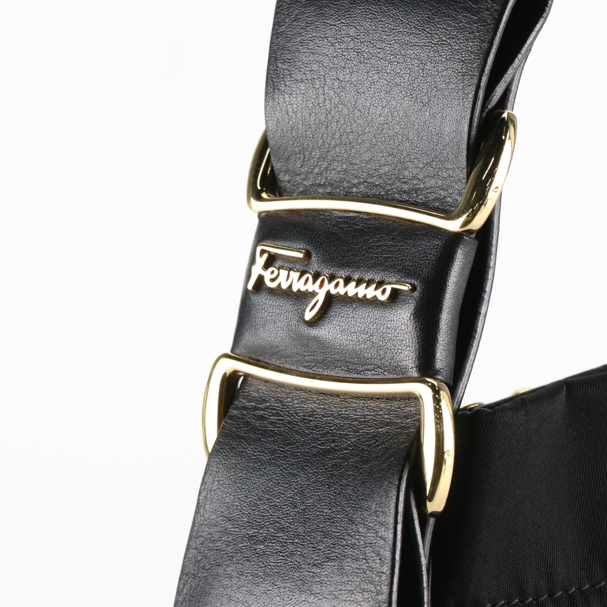 Salvatore Ferragamo Vara Black Nylon and Leather Shoulder Bag