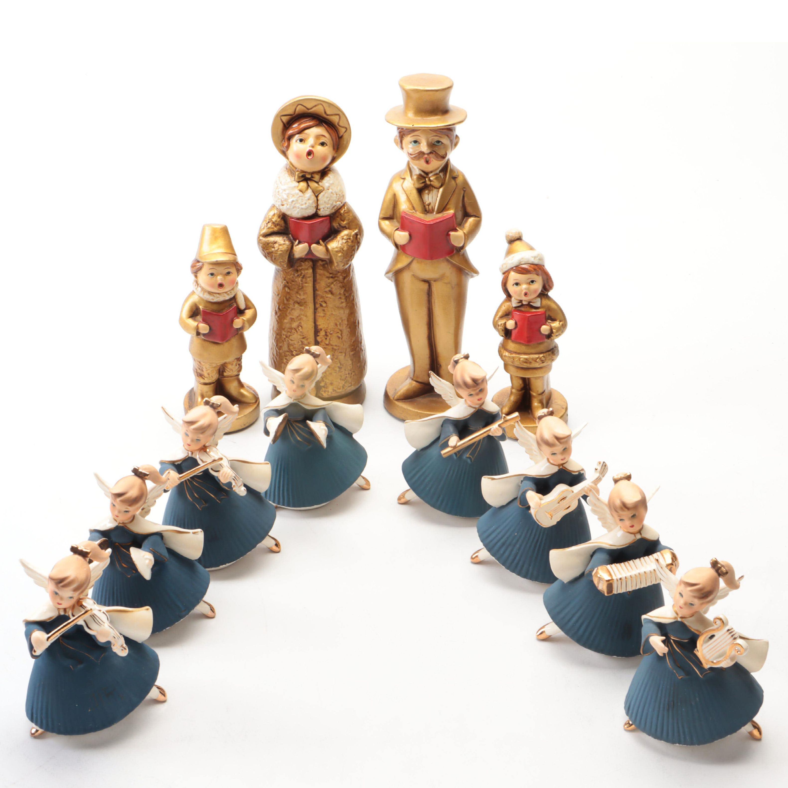 Ceramic Angel Band and Other Caroler Figurines, Mid-20th Century