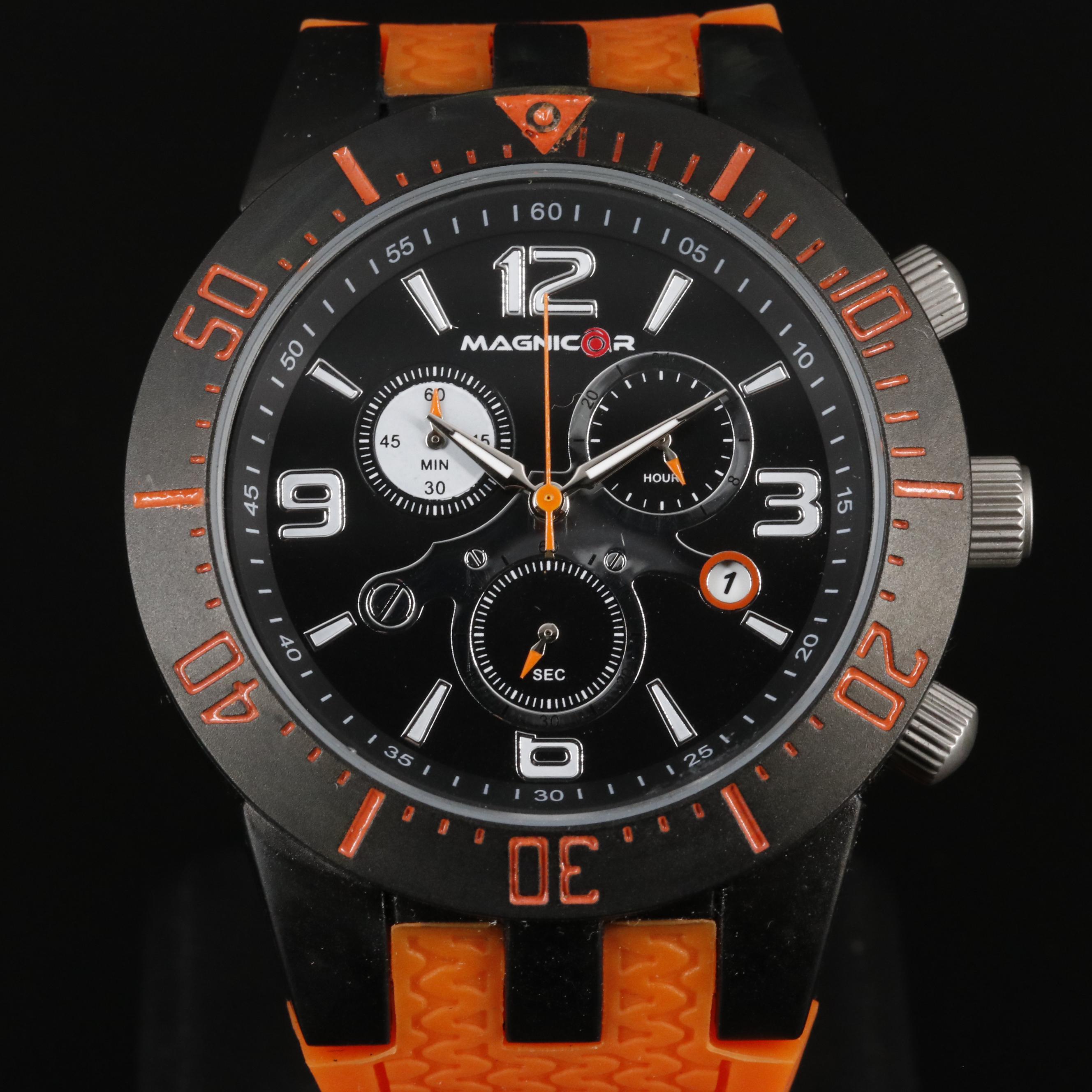 Magnicor Black Dial Chronograph Watch with Orange Strap
