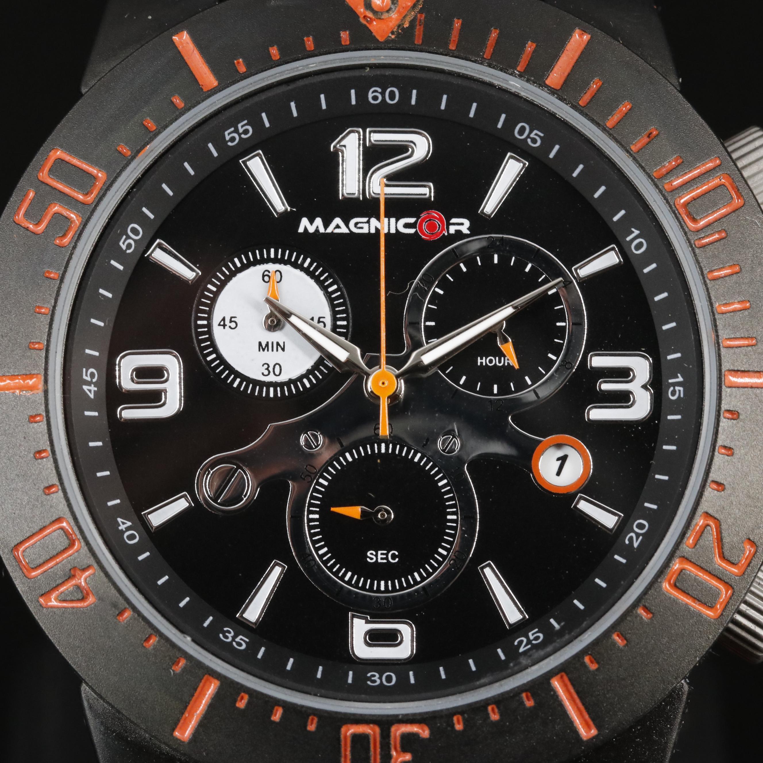 Magnicor Black Dial Chronograph Watch with Orange Strap
