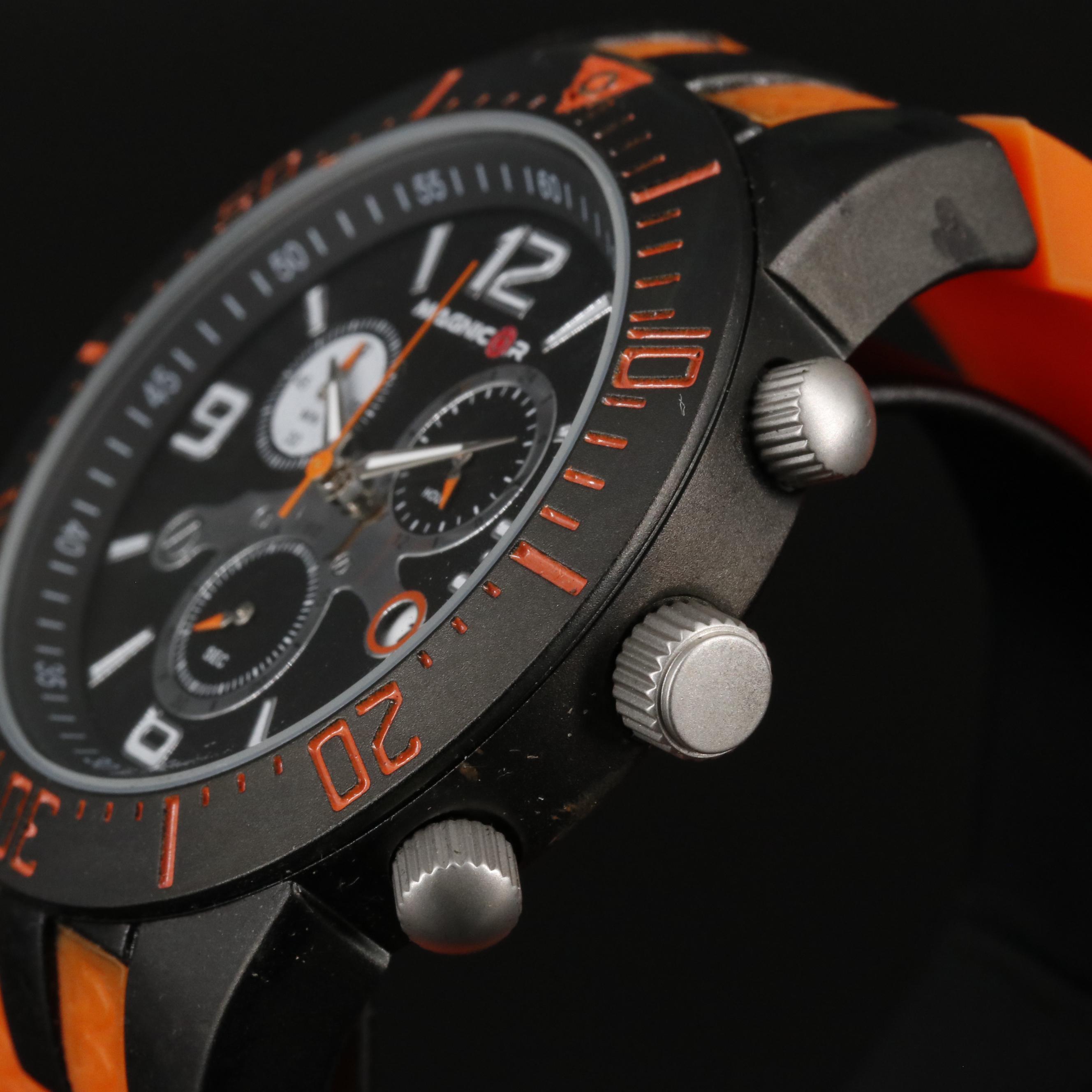 Magnicor Black Dial Chronograph Watch with Orange Strap