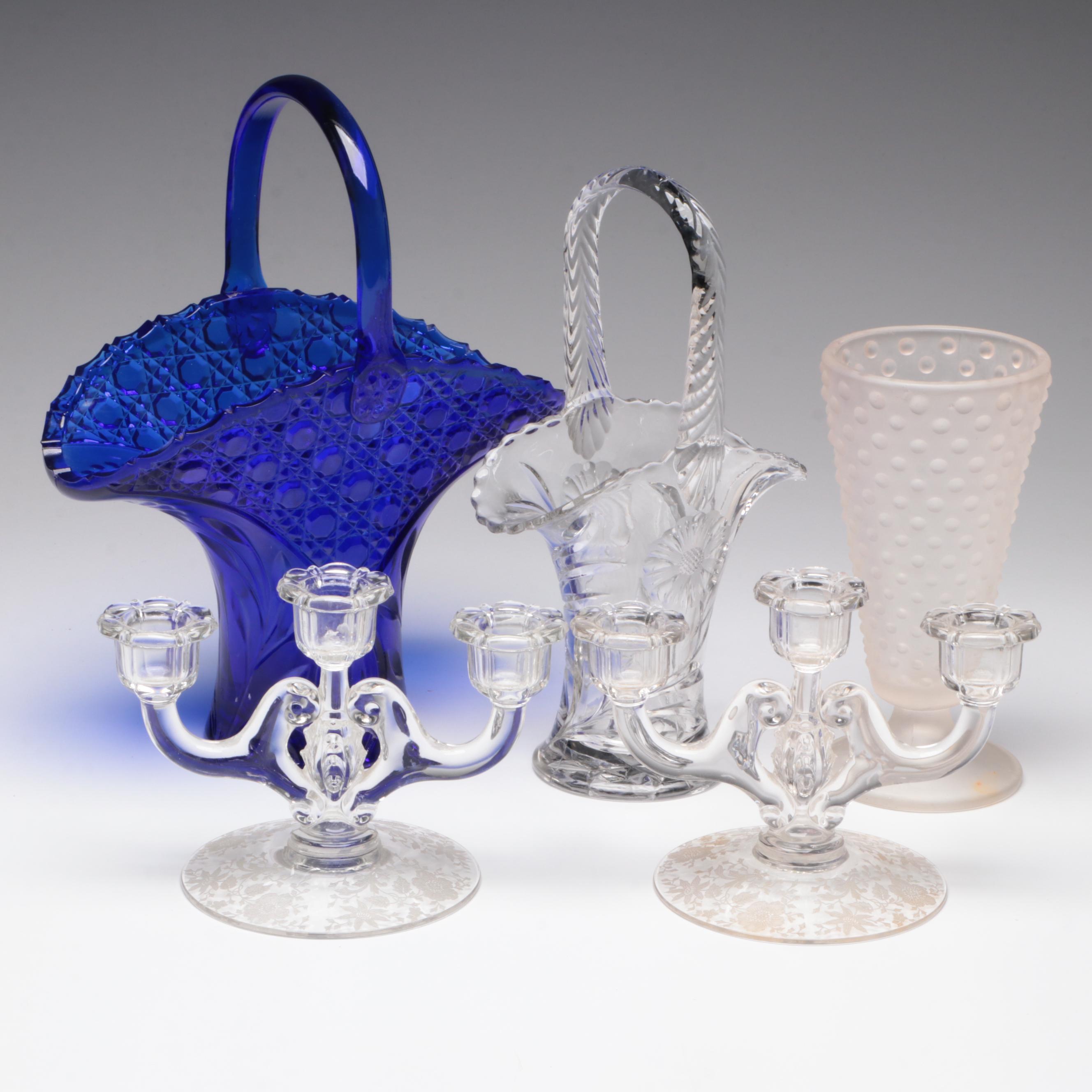Cobalt Blue Glass Basket Vase and Other Glass Home Décor