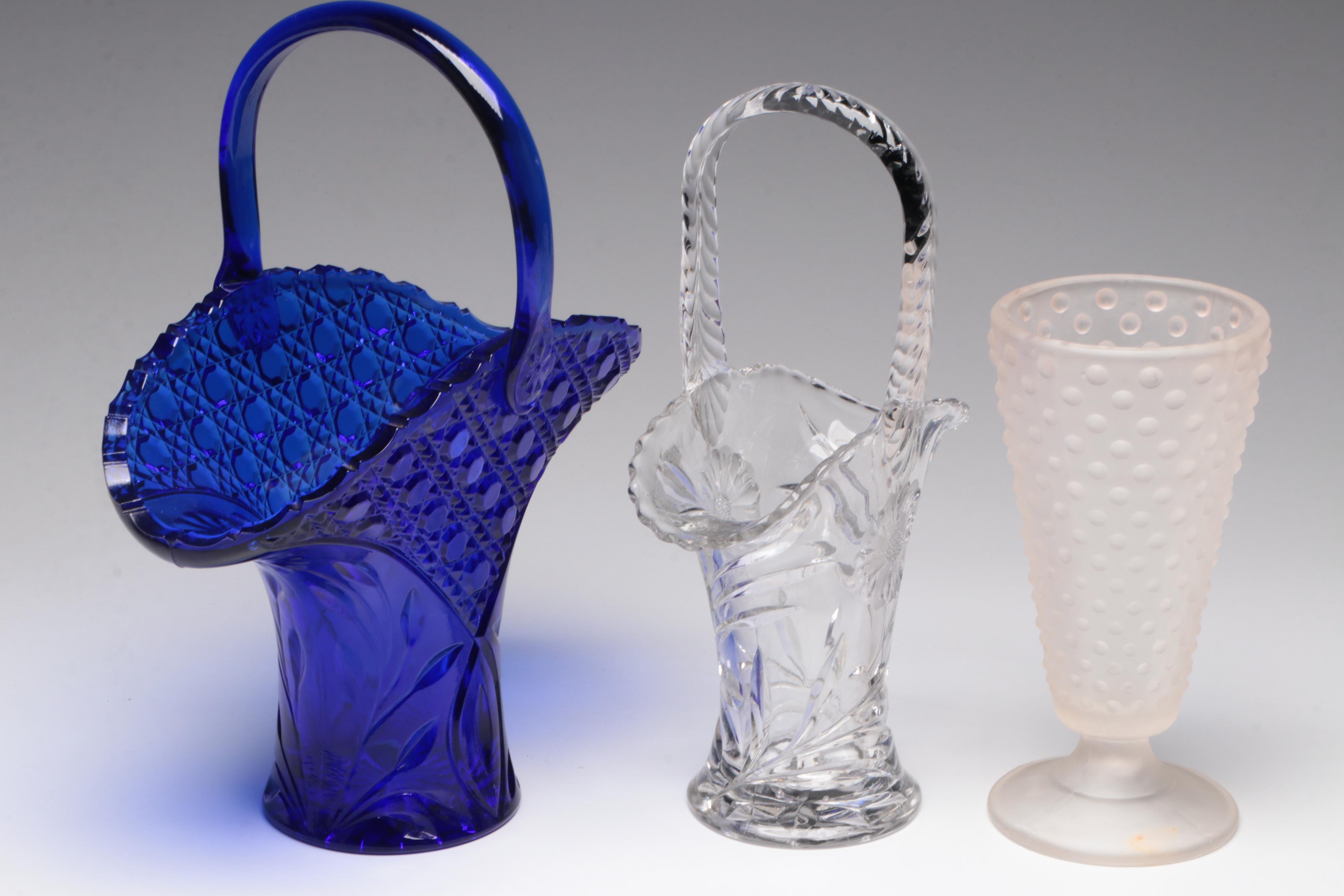 Cobalt Blue Glass Basket Vase and Other Glass Home Décor