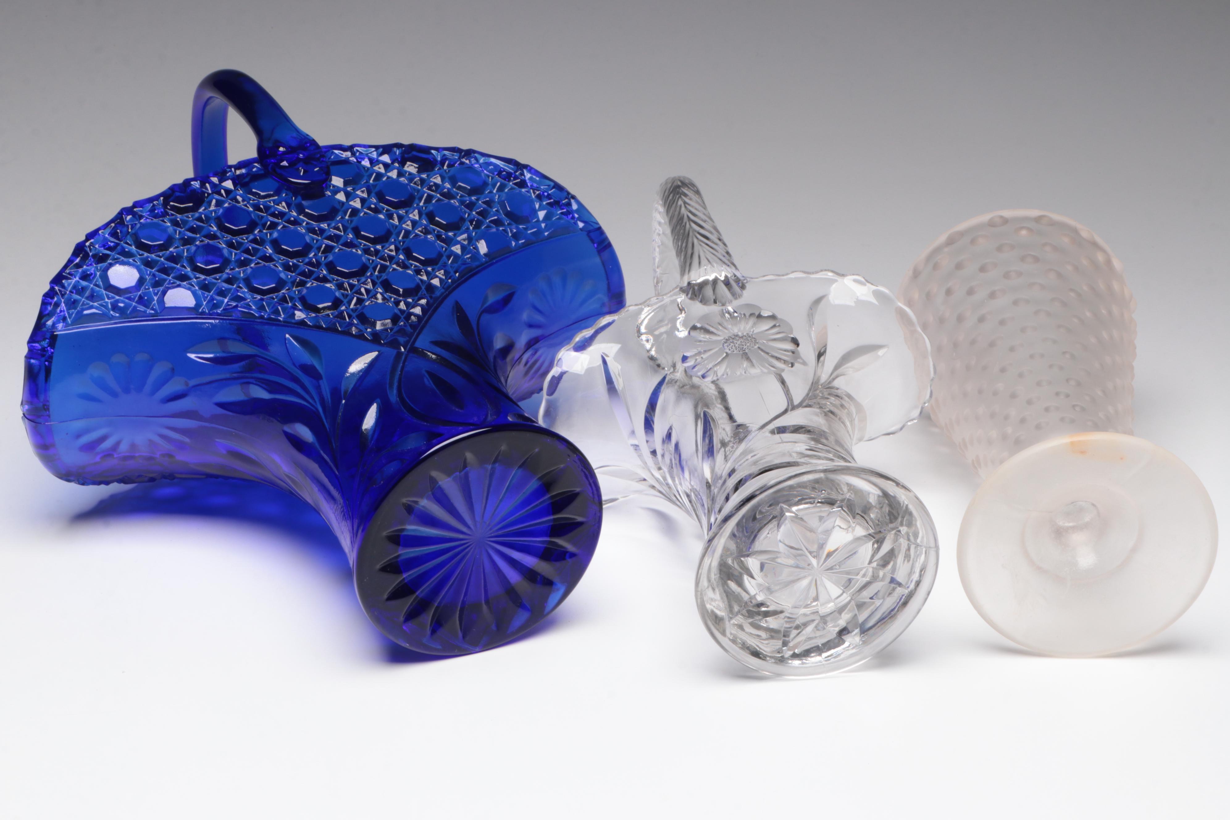 Cobalt Blue Glass Basket Vase and Other Glass Home Décor