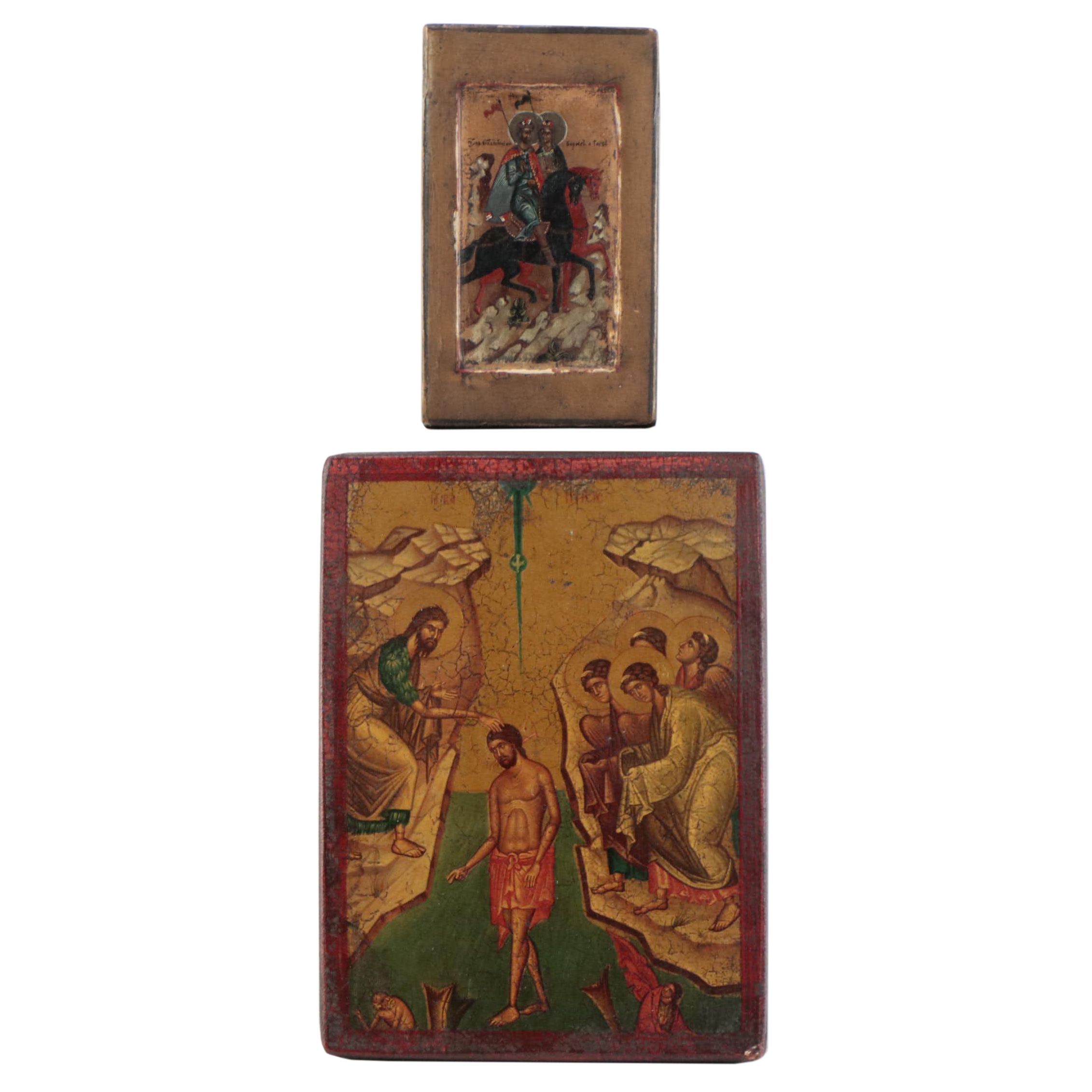 Two Hand Painted Eastern Orthodox Icons on Wood Panel, 20th C