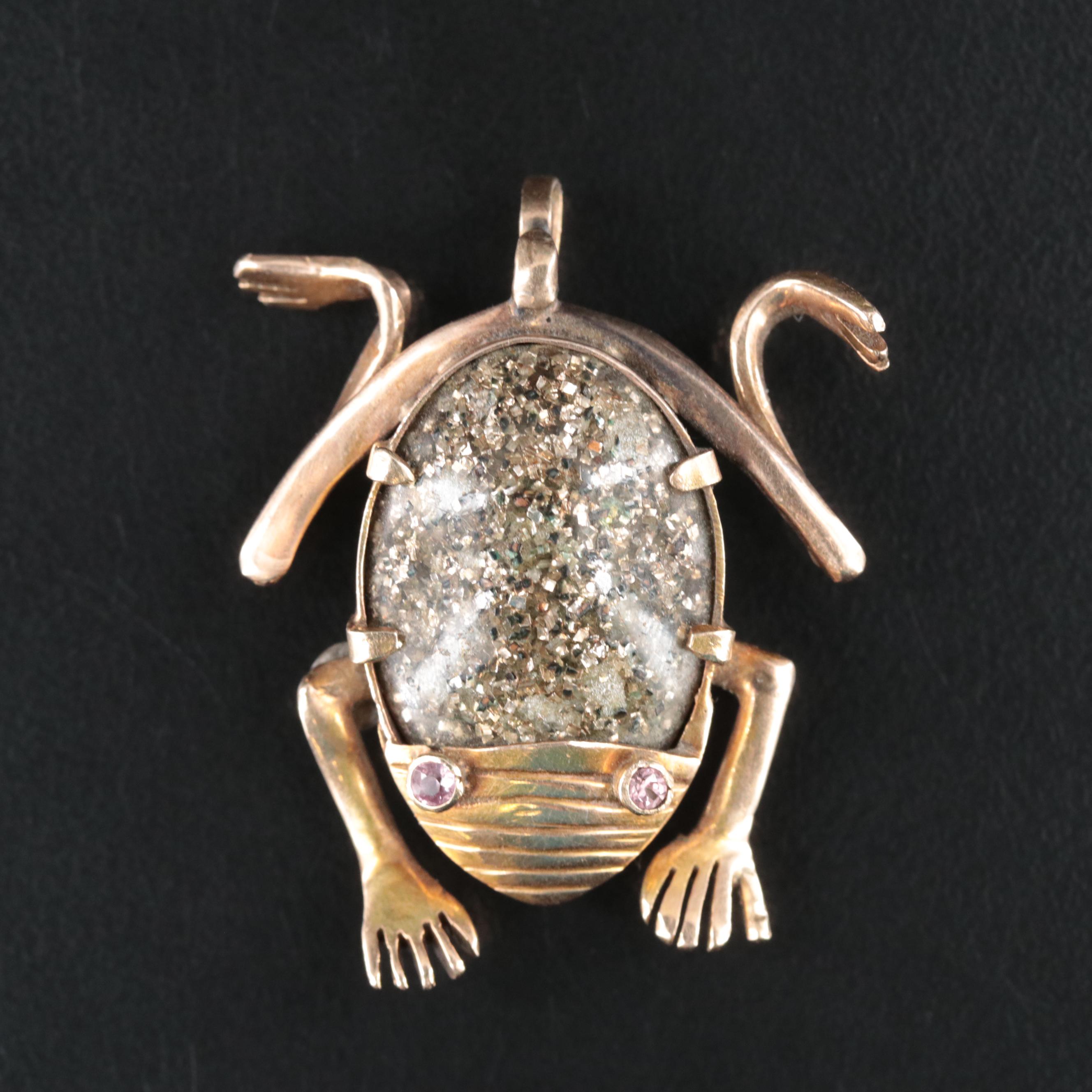 10K Sapphire, Tourmaline and Resin Frog Converter Brooch