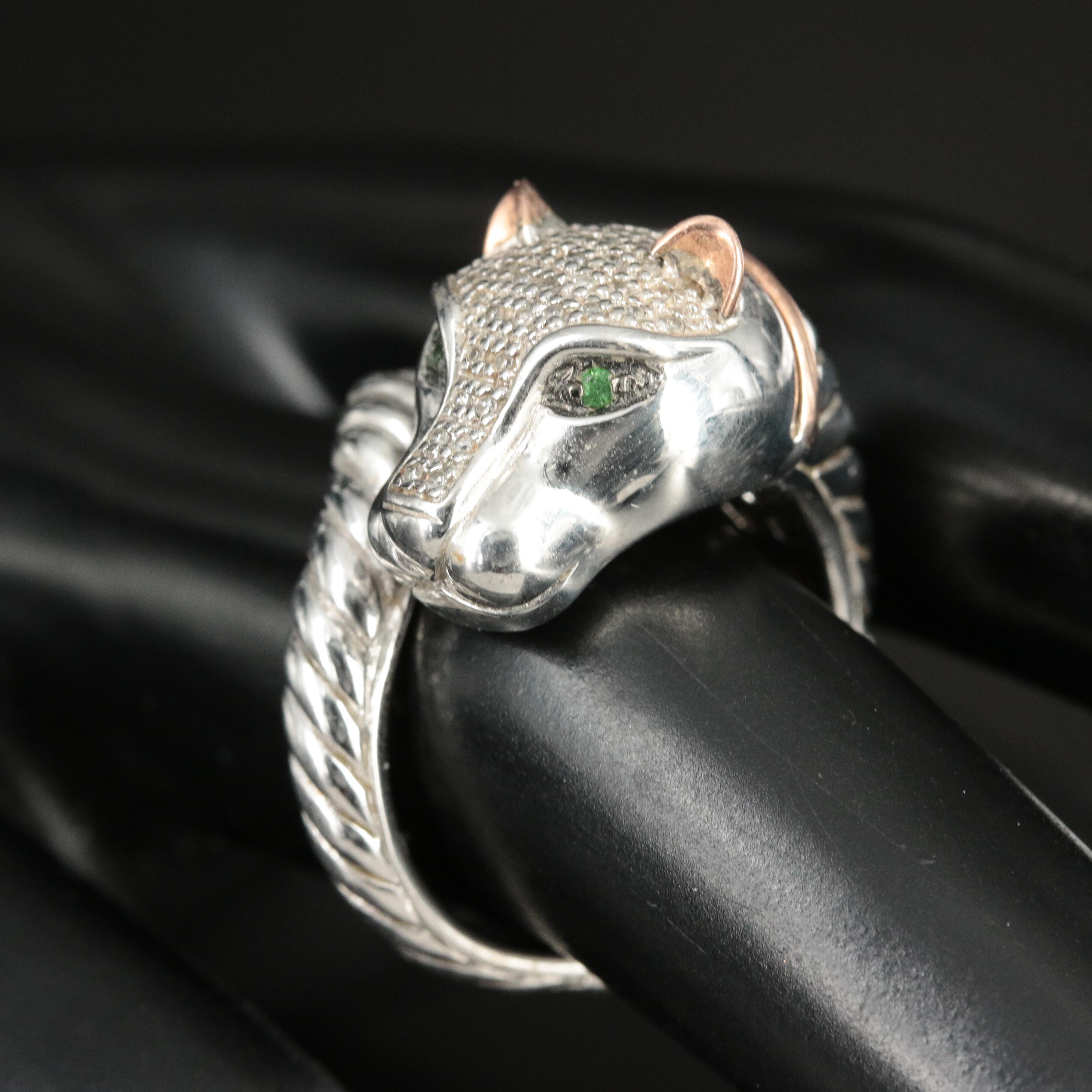 EFFY Sterling Diamond and Chrome Diopside Feline Ring with 14K Accent