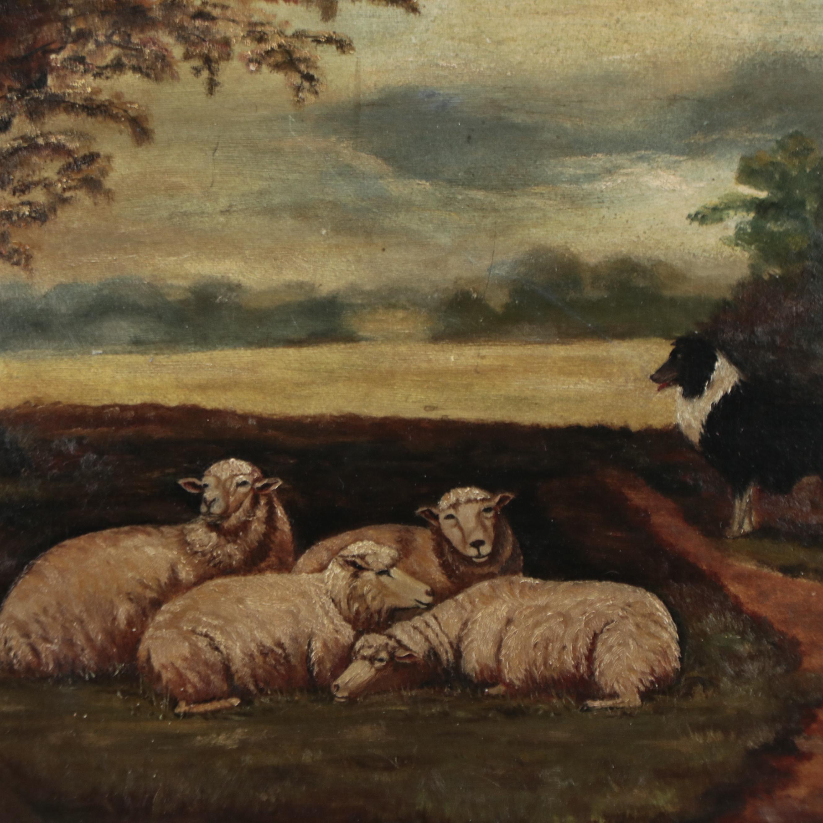 Victorian Hobbyist Oil Painting of Sheep with Border Collie, Circa 1900