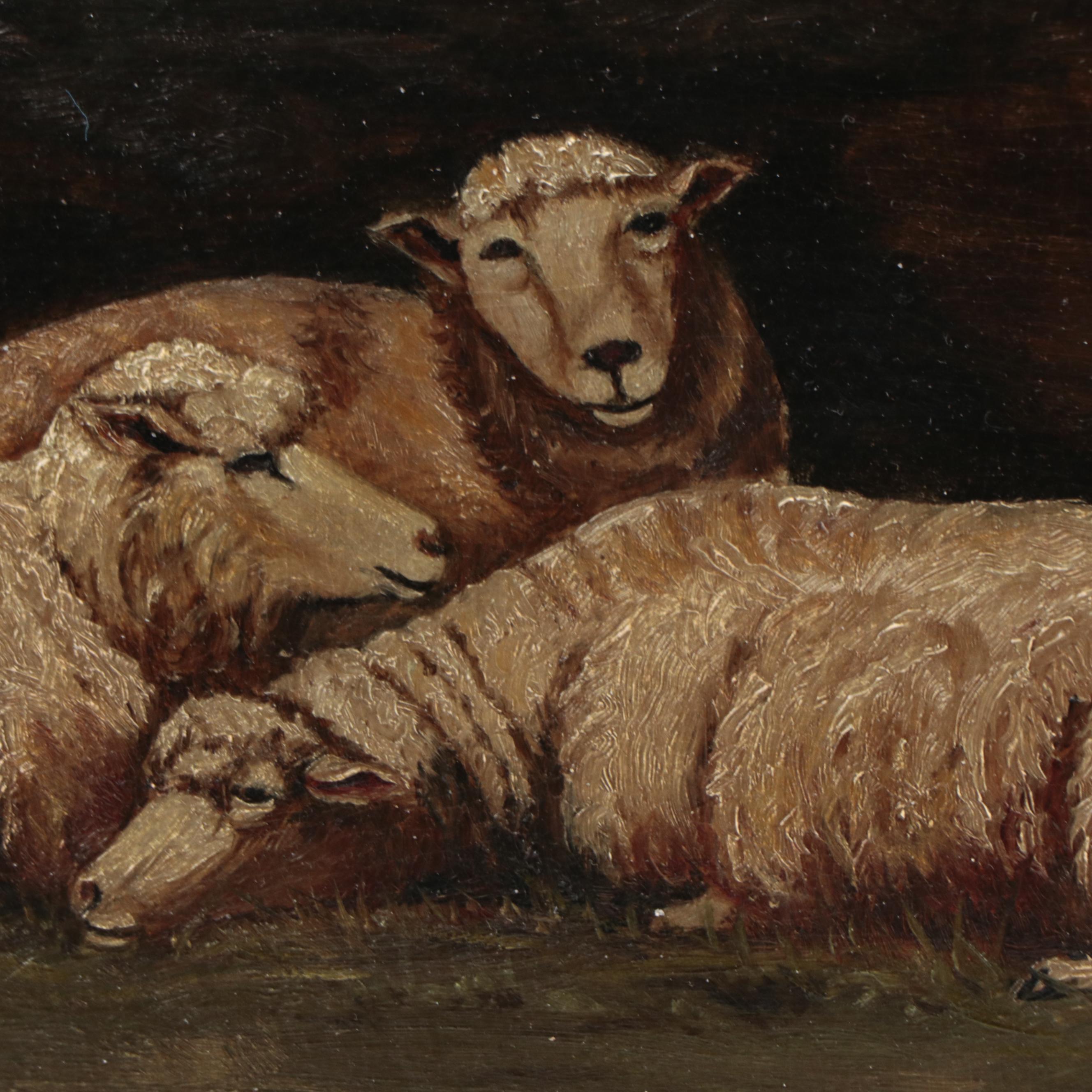 Victorian Hobbyist Oil Painting of Sheep with Border Collie, Circa 1900
