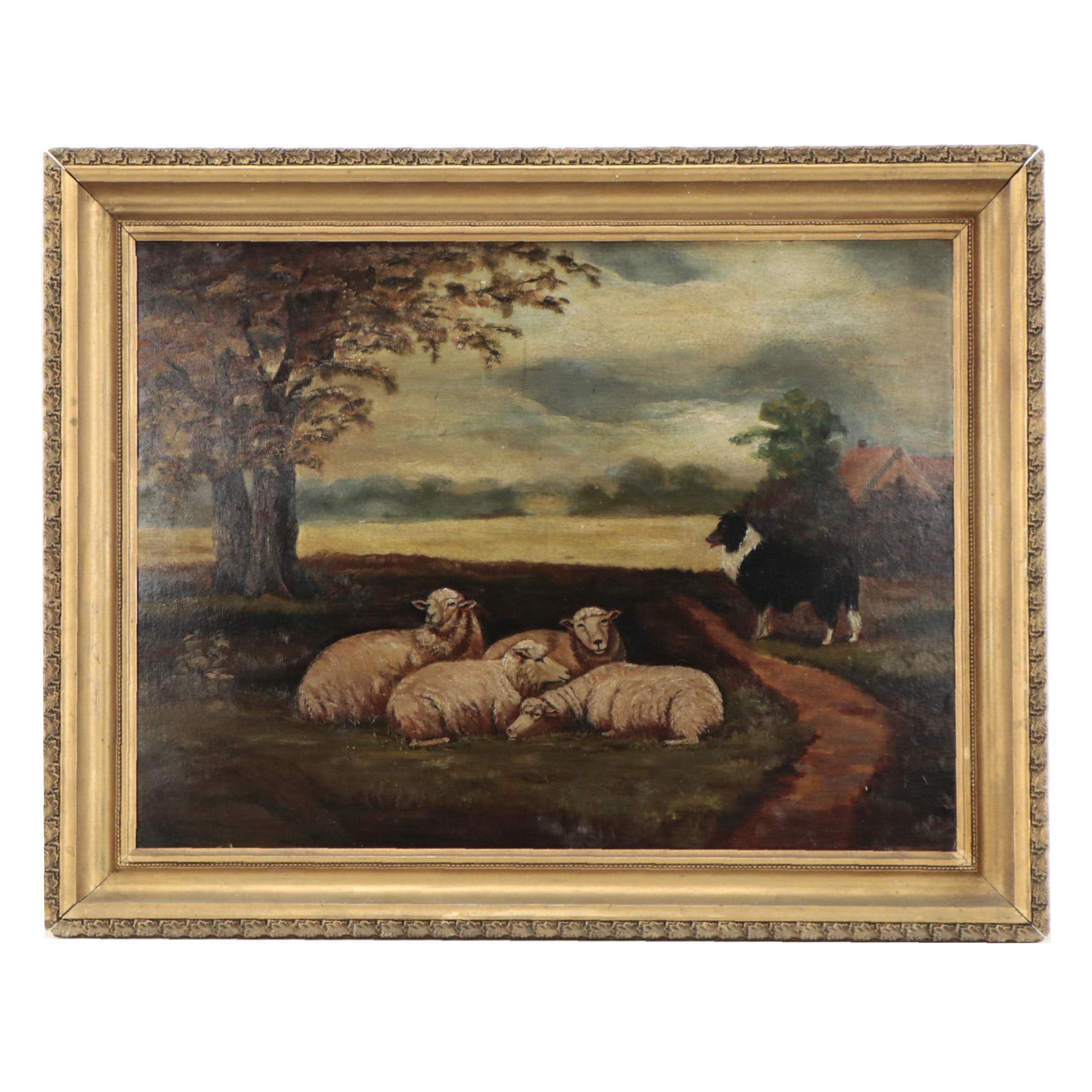 Victorian Hobbyist Oil Painting of Sheep with Border Collie, Circa 1900
