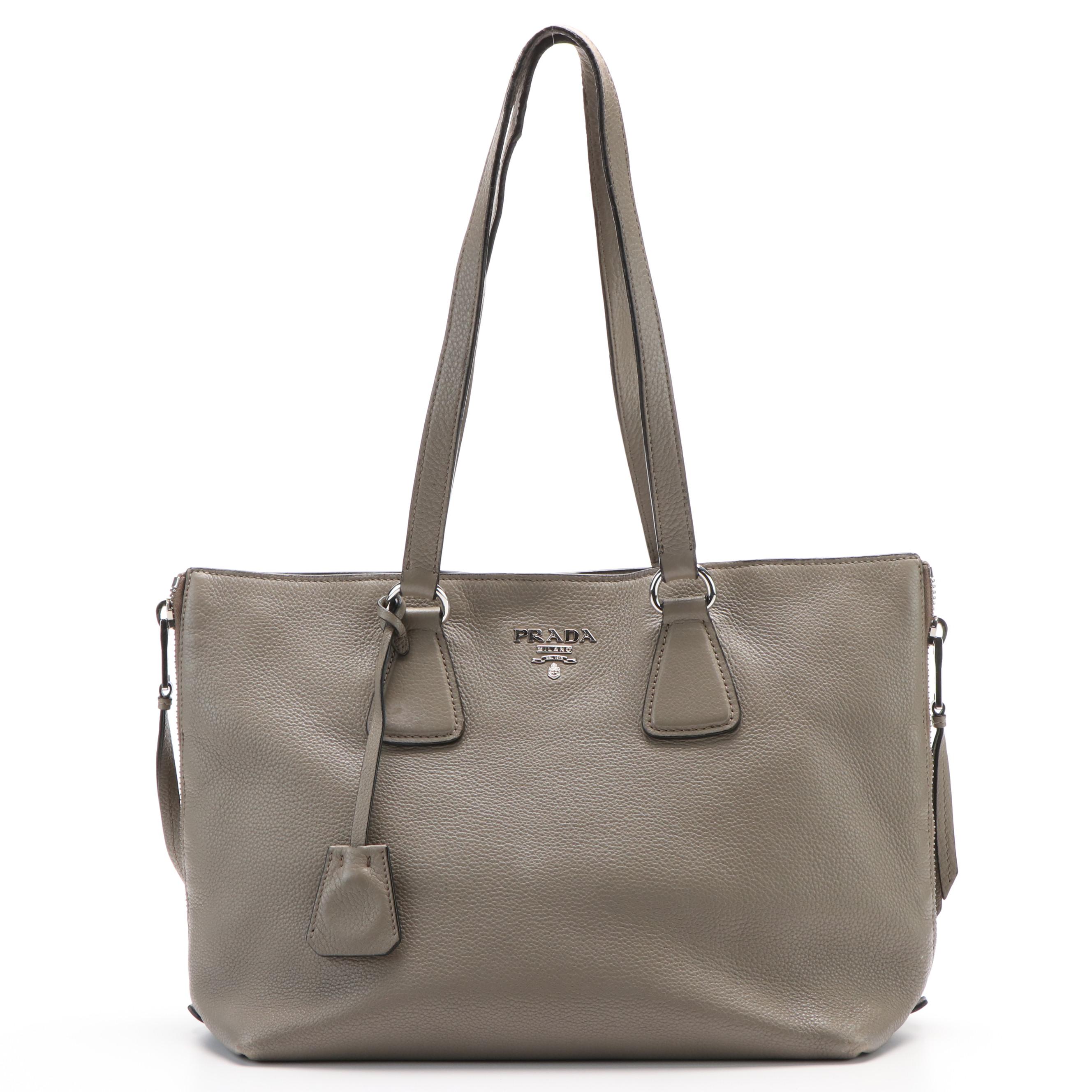 Prada Side Zip Shoulder Tote in Argilla Vitello Daino Leather