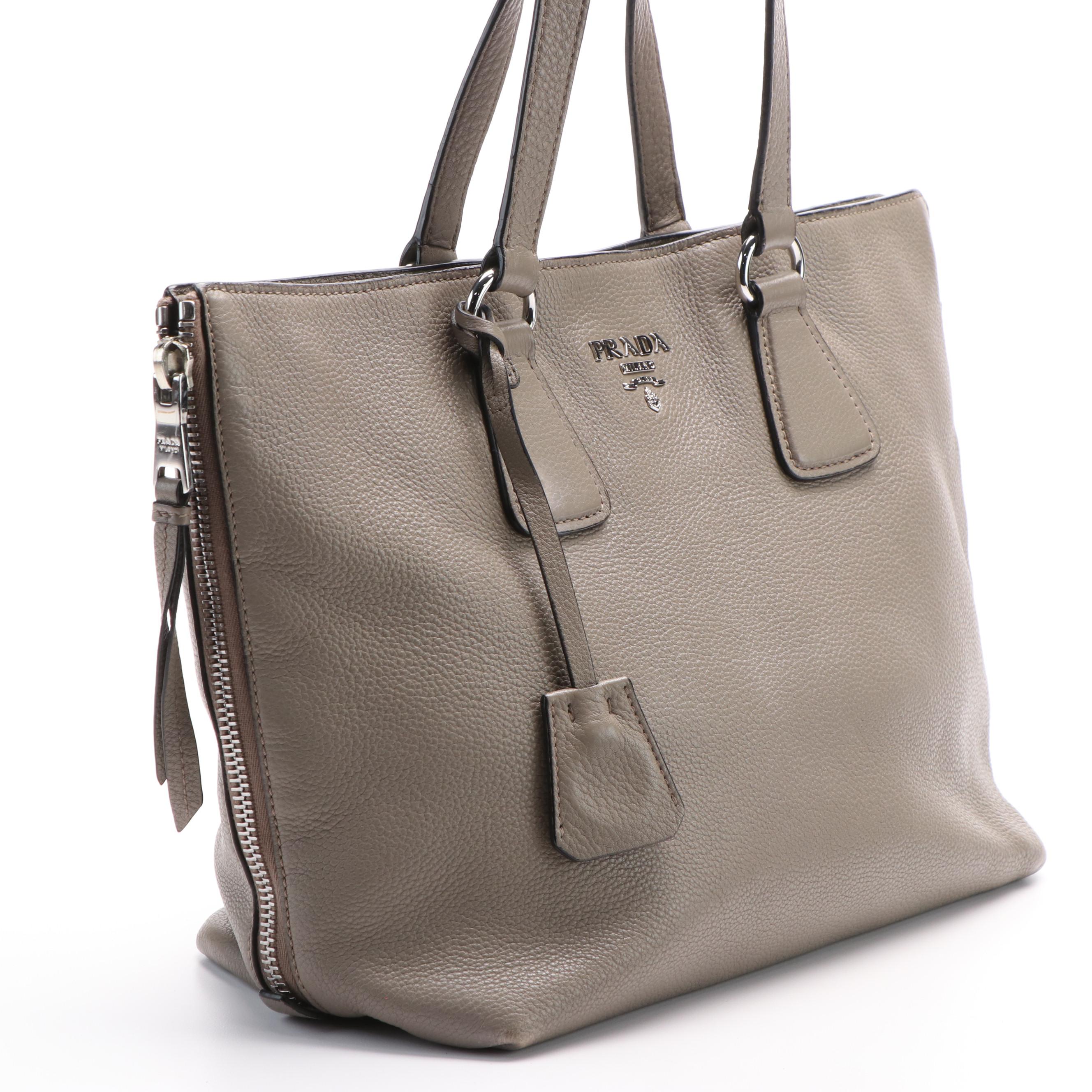 Prada Side Zip Shoulder Tote in Argilla Vitello Daino Leather