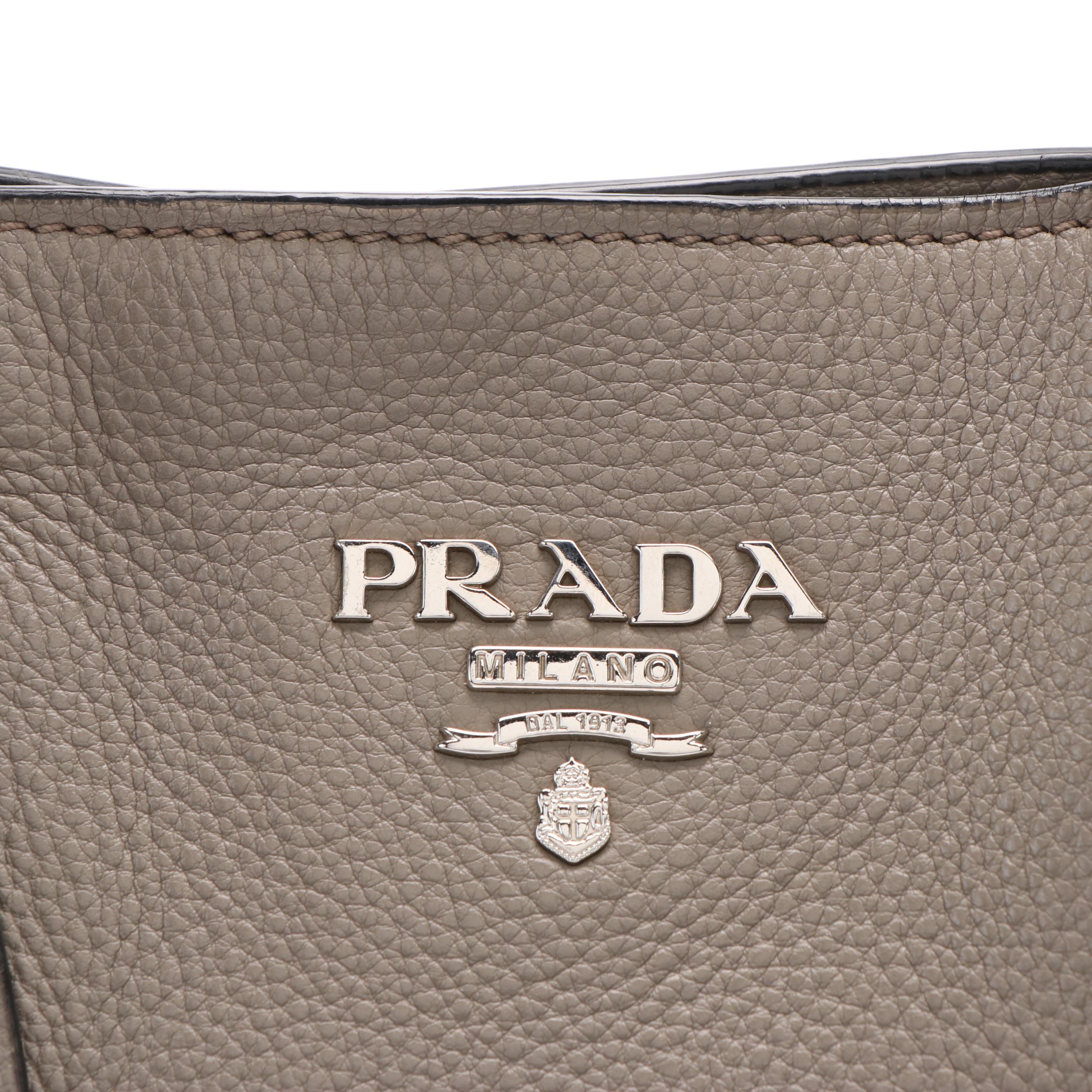Prada Side Zip Shoulder Tote in Argilla Vitello Daino Leather
