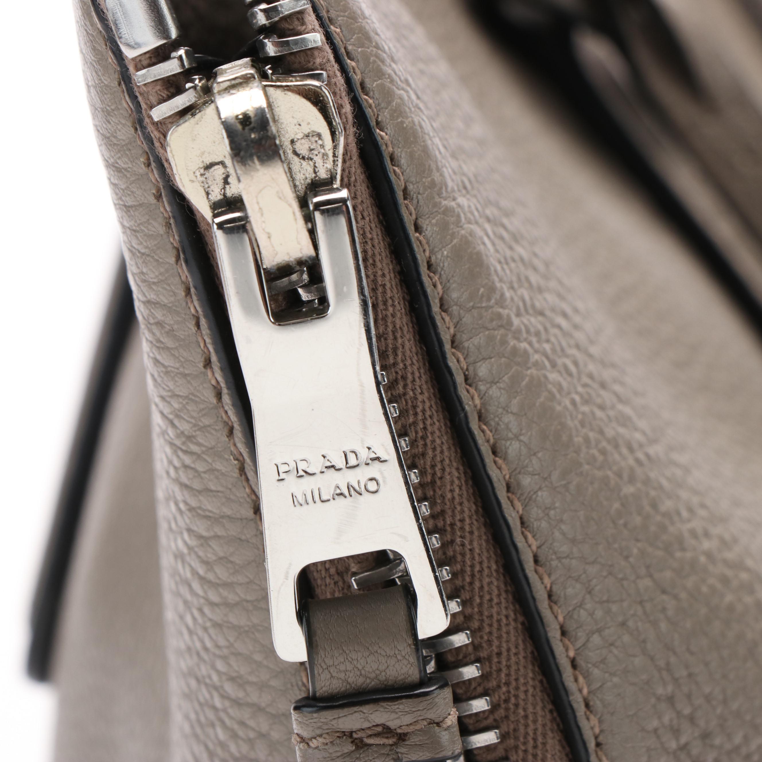 Prada Side Zip Shoulder Tote in Argilla Vitello Daino Leather