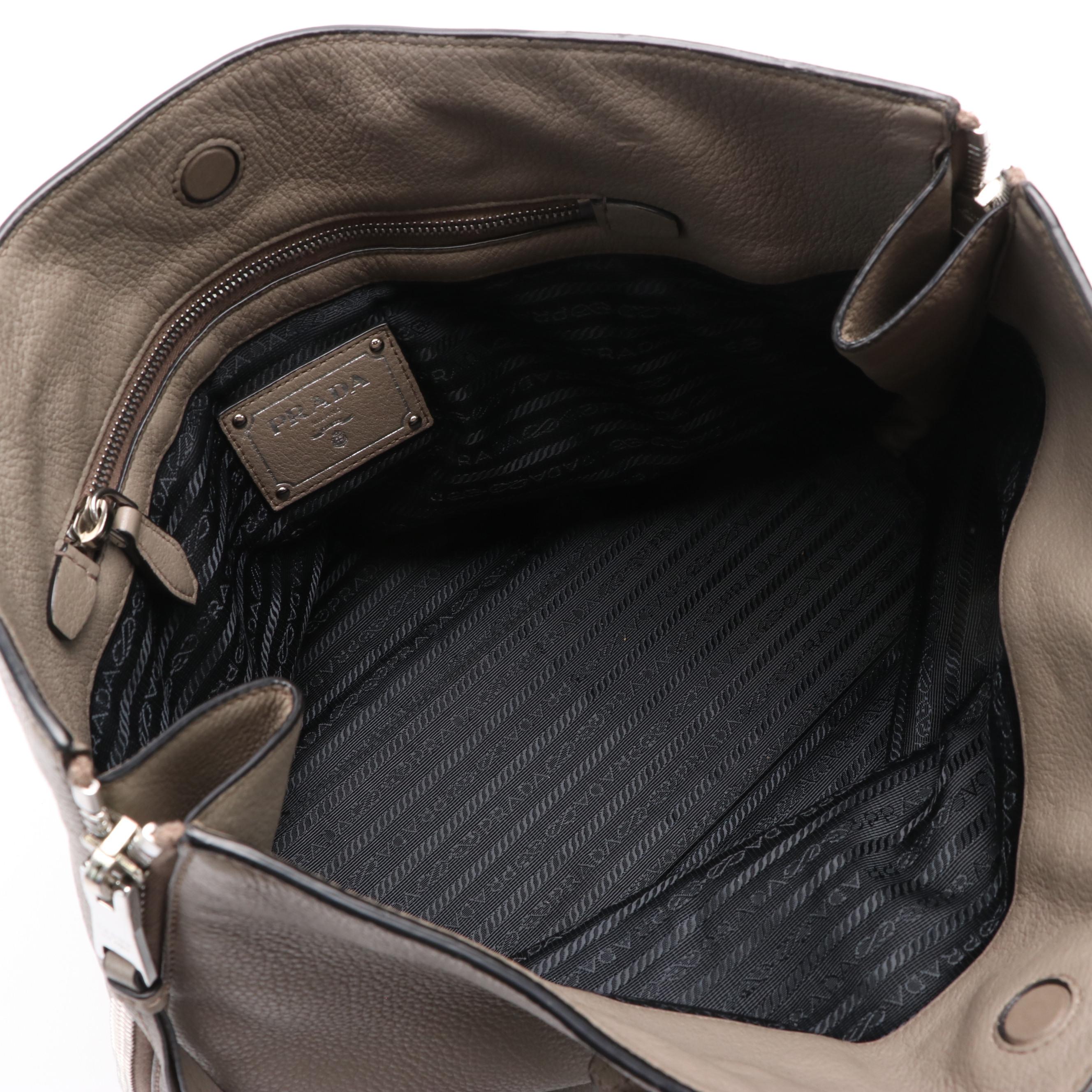 Prada Side Zip Shoulder Tote in Argilla Vitello Daino Leather