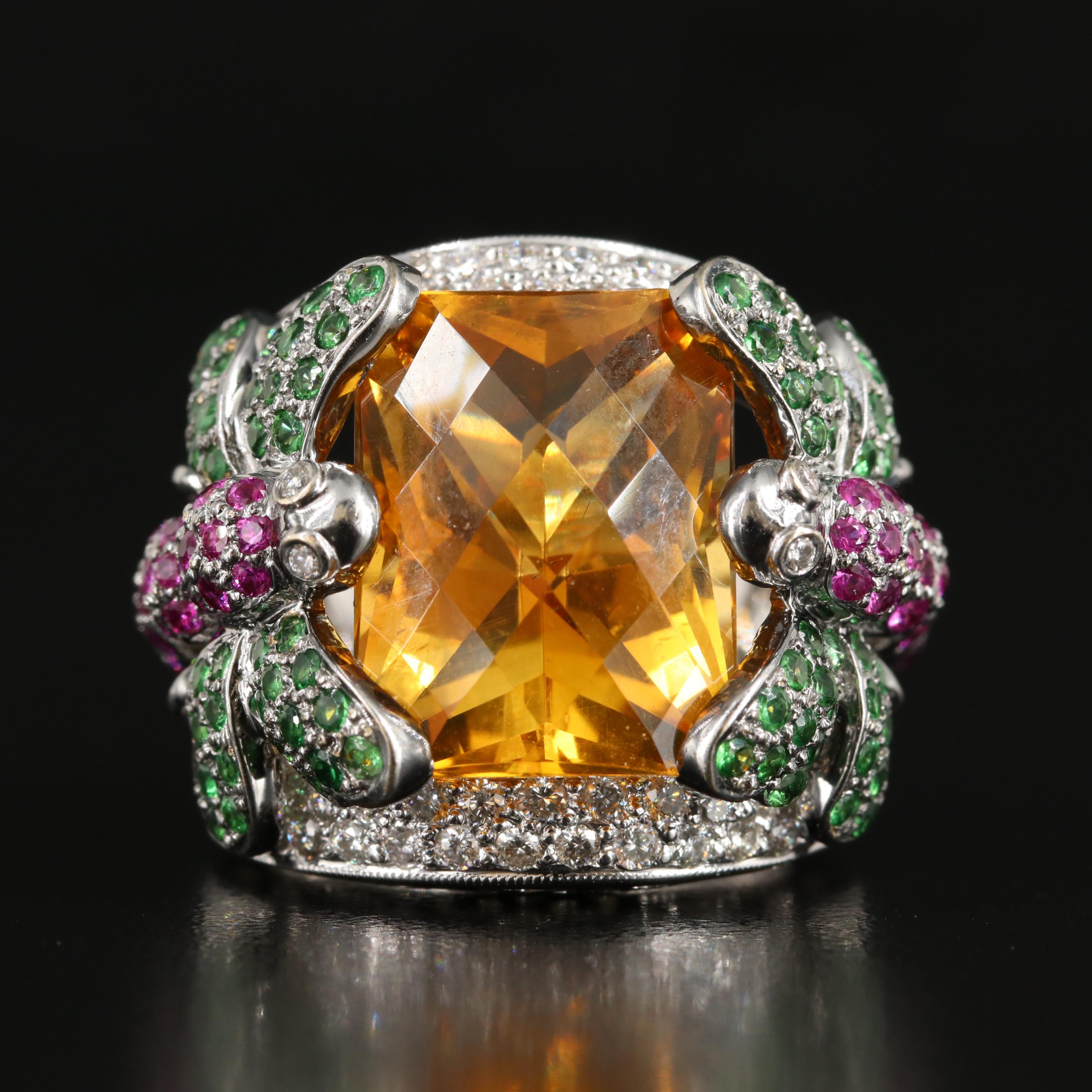 18K Citrine, Ruby , Tsavorite Garnet and 1.08 CTW Diamond Dragonfly Ring
