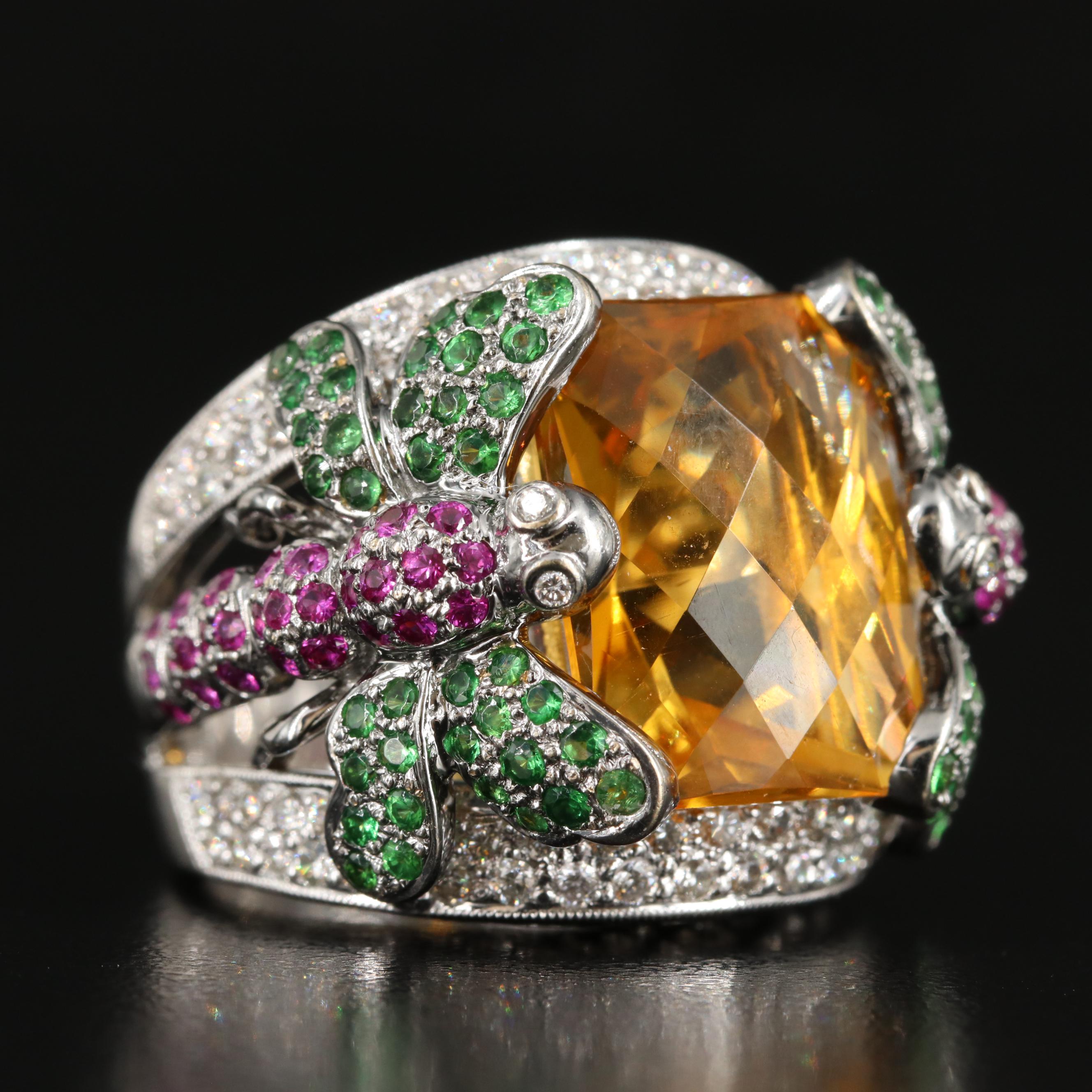 18K Citrine, Ruby , Tsavorite Garnet and 1.08 CTW Diamond Dragonfly Ring