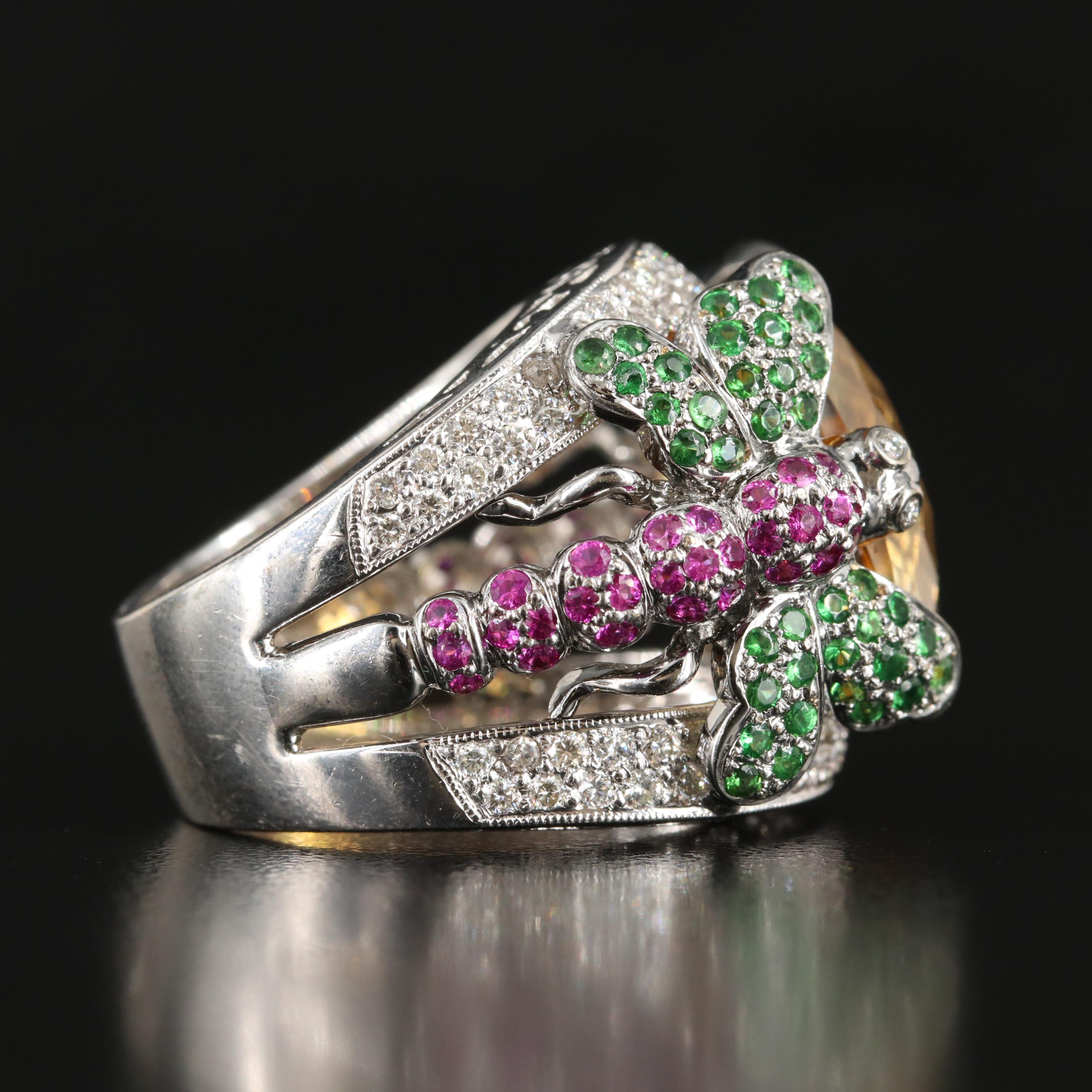 18K Citrine, Ruby , Tsavorite Garnet and 1.08 CTW Diamond Dragonfly Ring