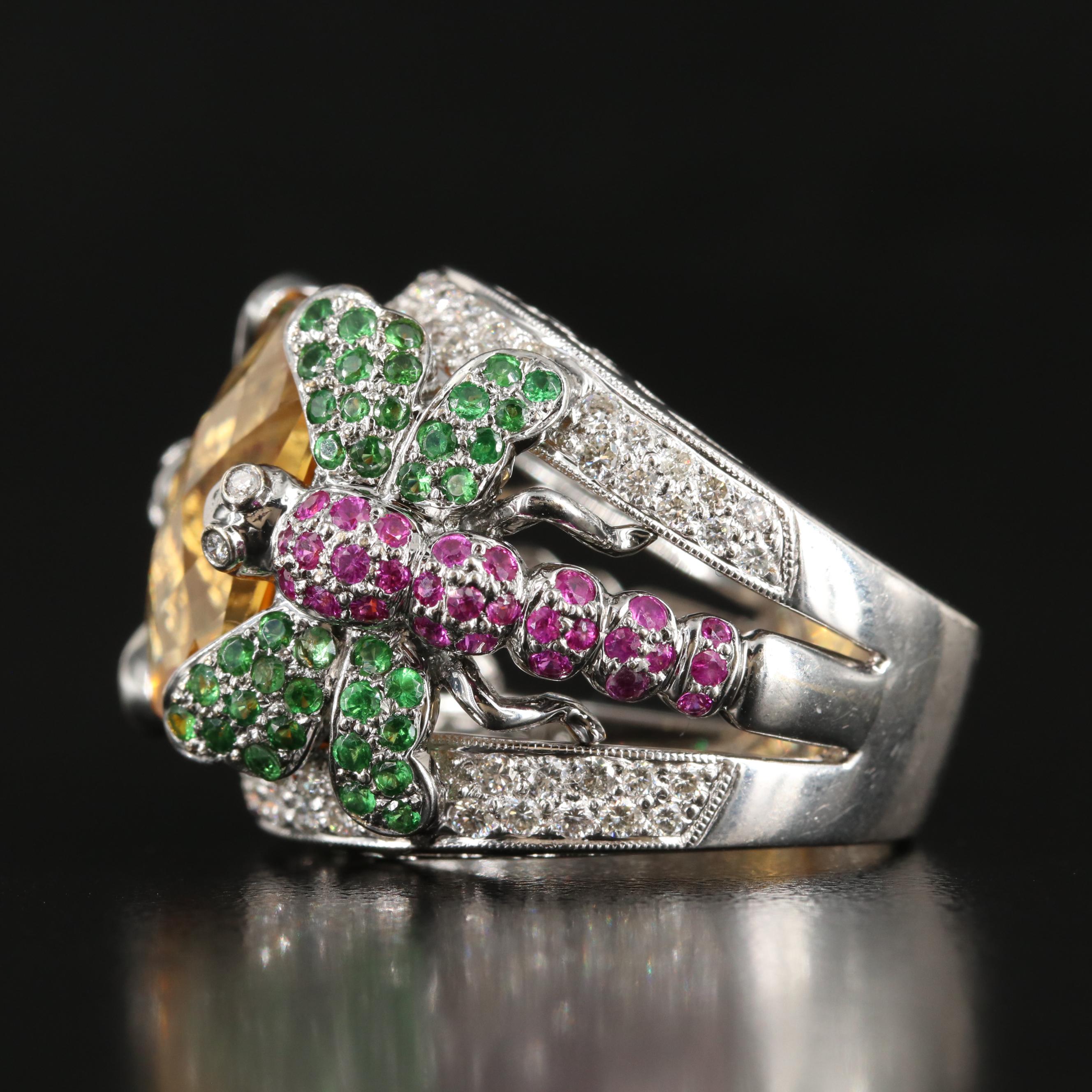 18K Citrine, Ruby , Tsavorite Garnet and 1.08 CTW Diamond Dragonfly Ring