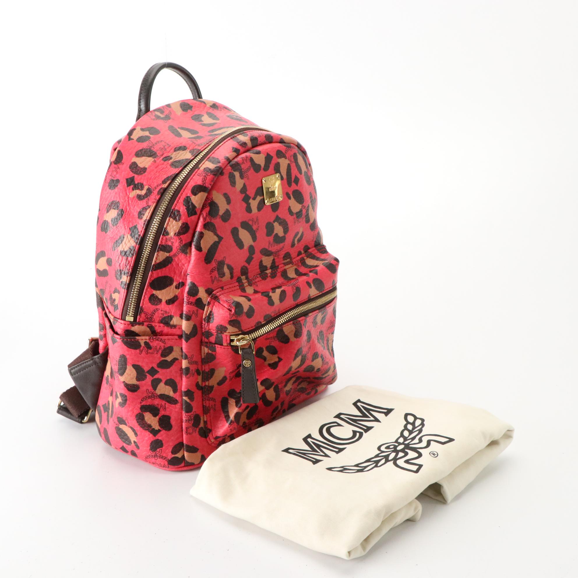 MCM Pink Visetos Leopard Print Leather Backpack