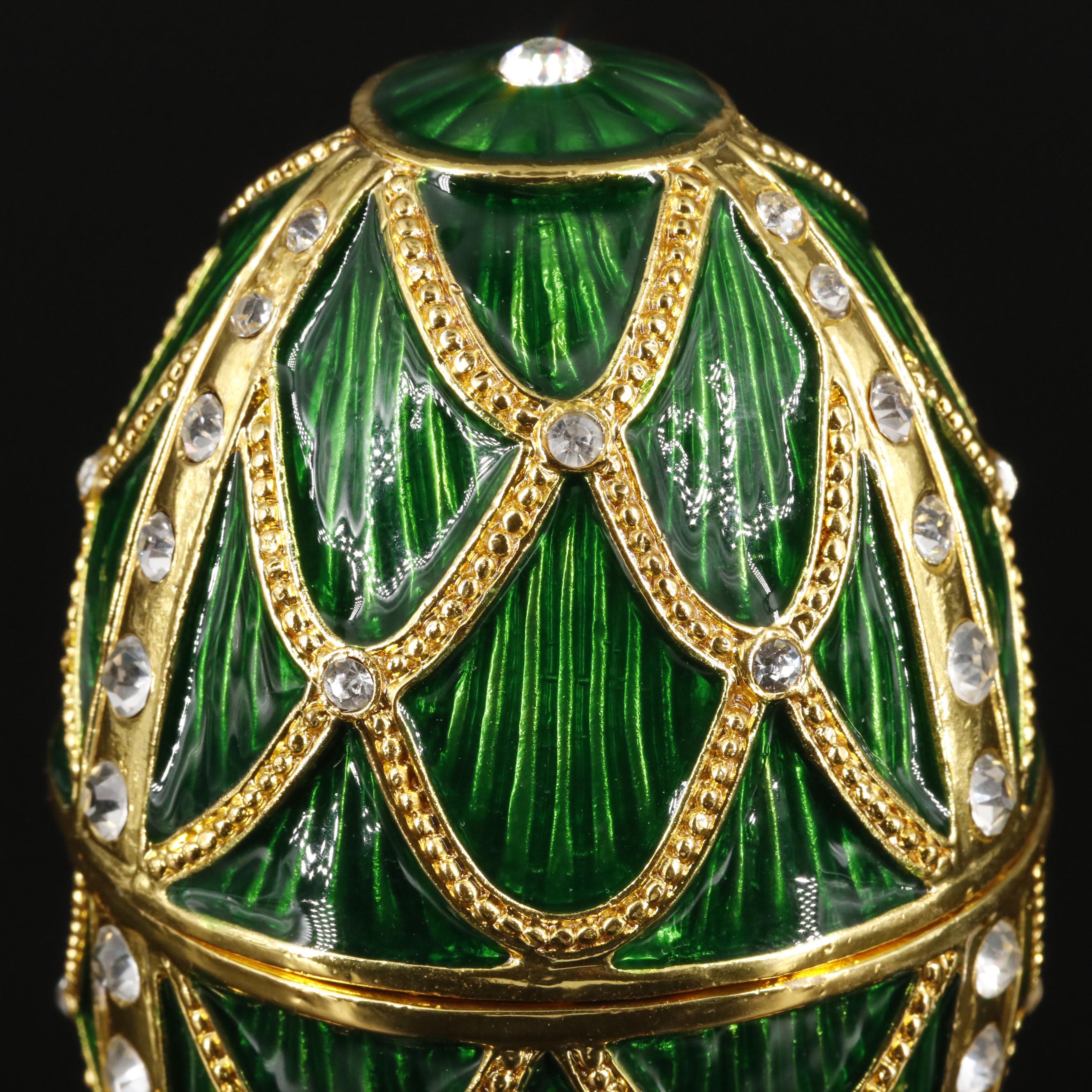 Bejeweled Crystal and Green Enamel Egg Musical Jewelry Trinket with Box