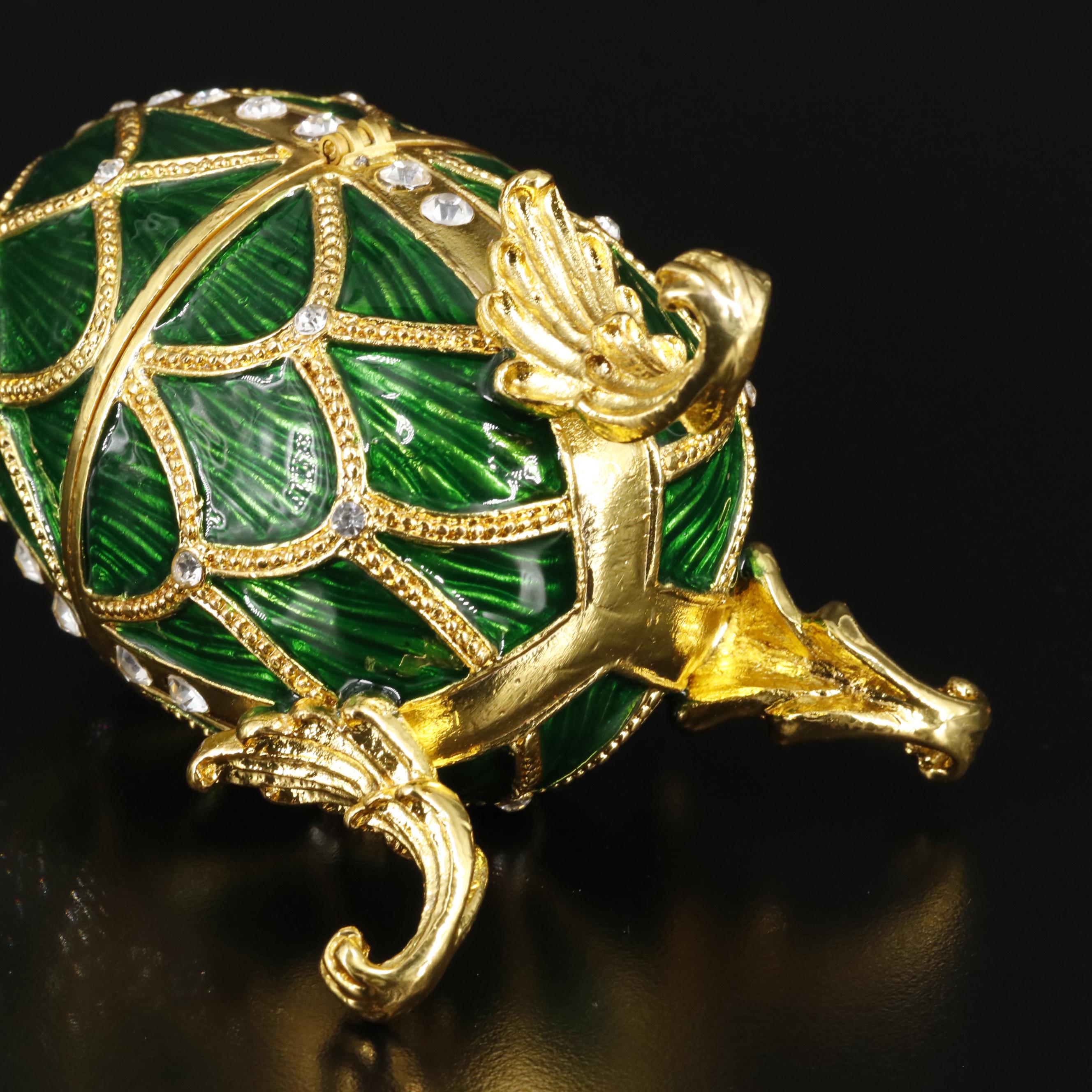 Bejeweled Crystal and Green Enamel Egg Musical Jewelry Trinket with Box
