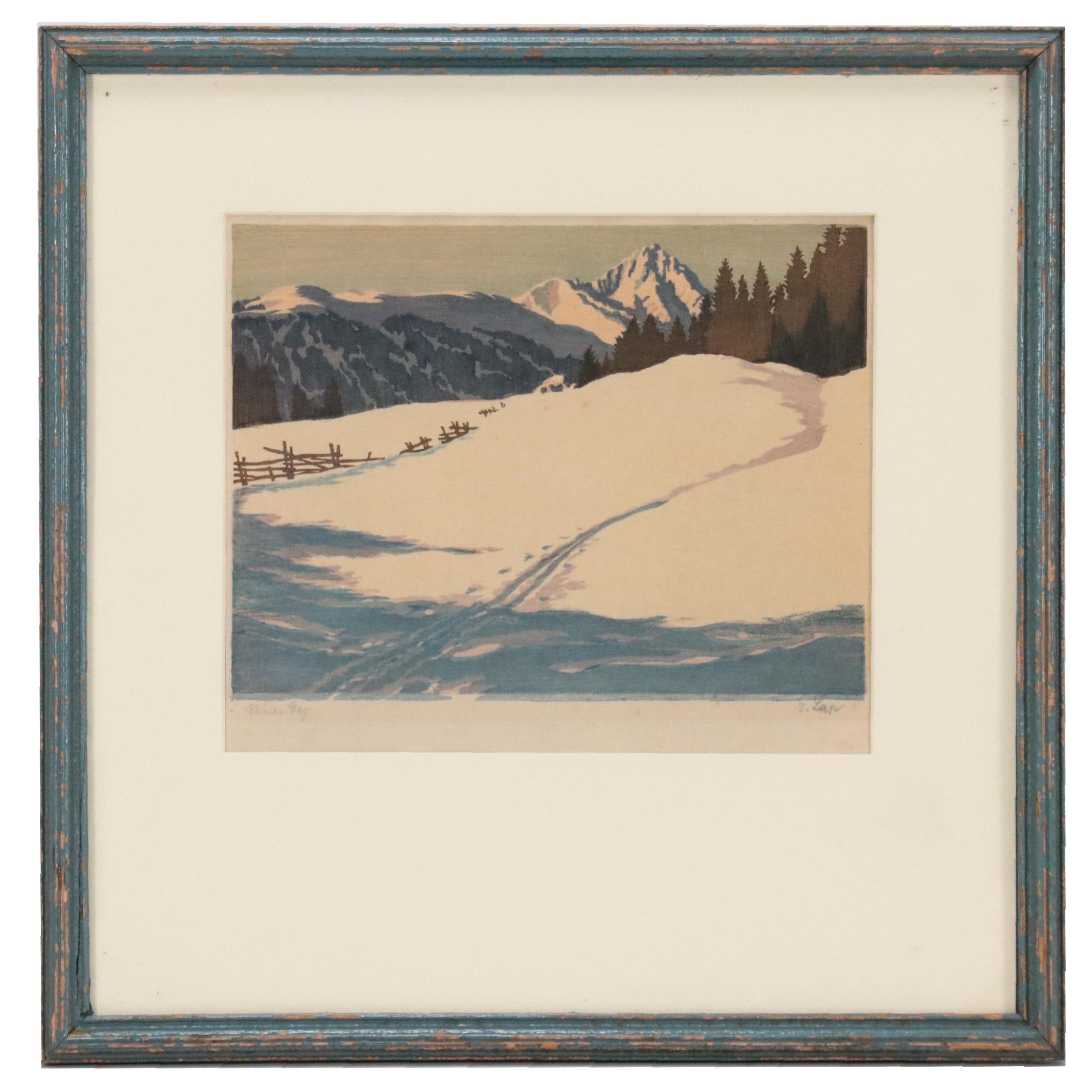 Engelbert Lap Woodcut "Winter Day," Mid-20th Century
