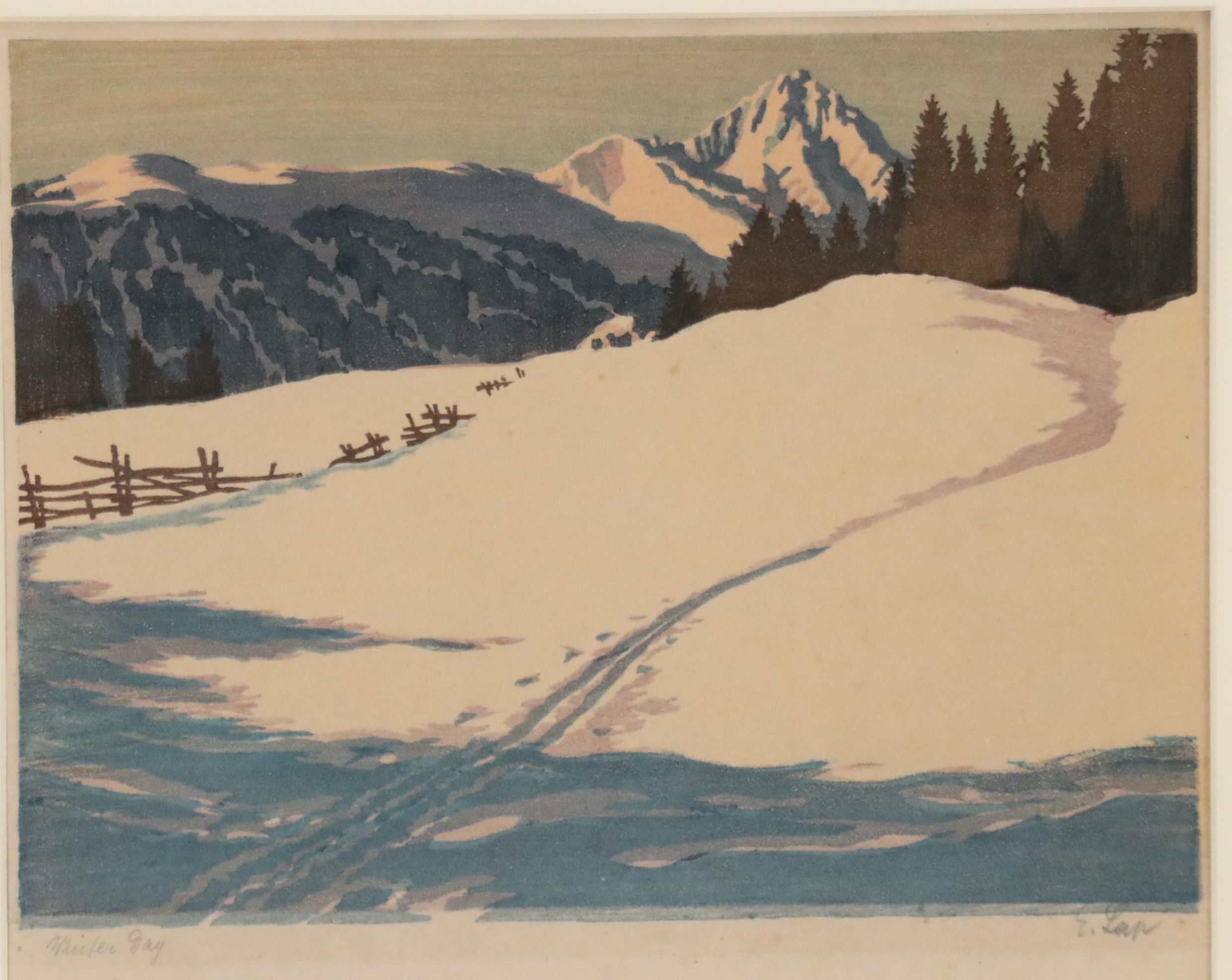 Engelbert Lap Woodcut "Winter Day," Mid-20th Century
