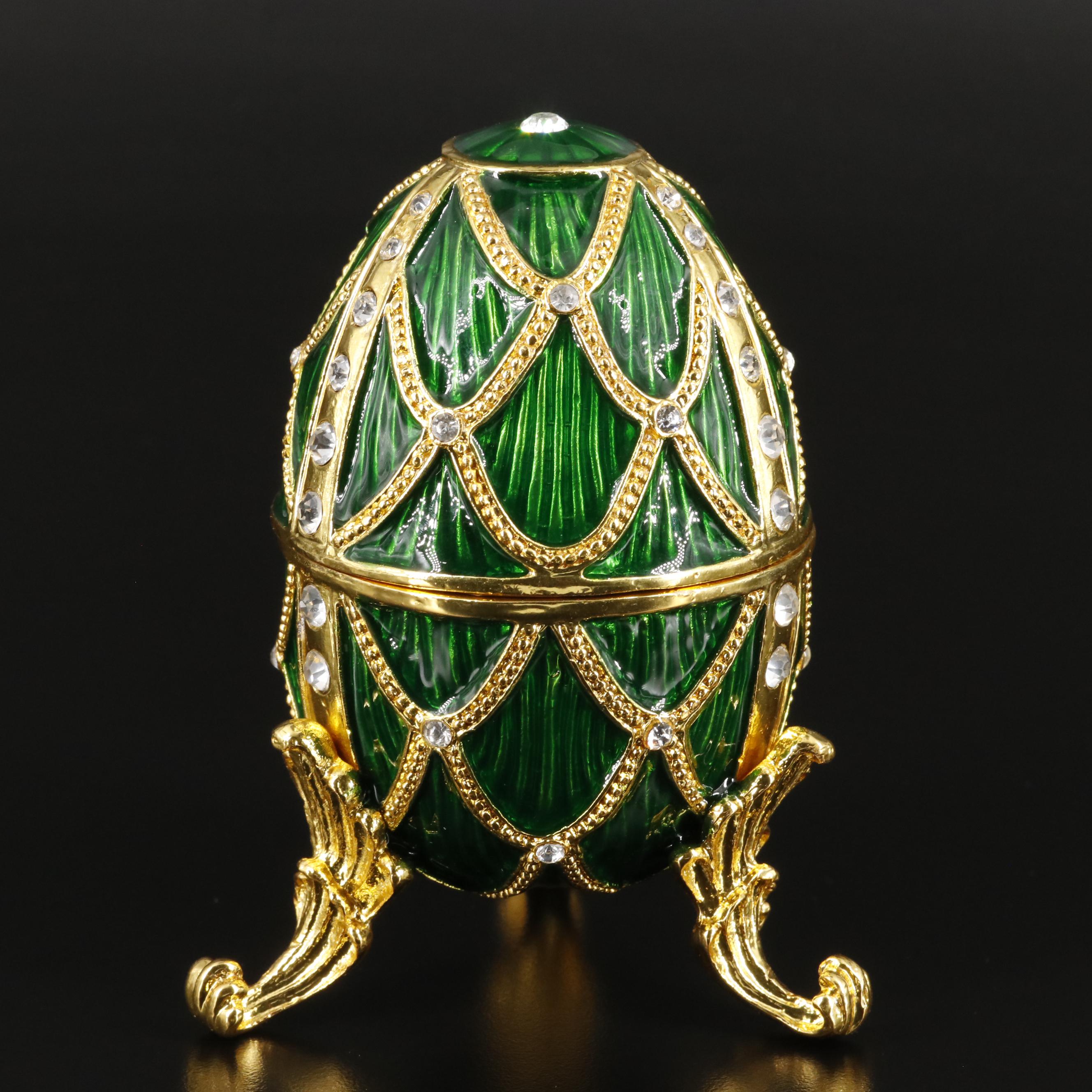 Bejeweled Crystal and Green Enamel Egg Musical Jewelry Trinket with Box
