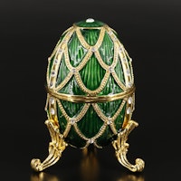 Bejeweled Crystal and Green Enamel Egg Musical Jewelry Trinket with Box