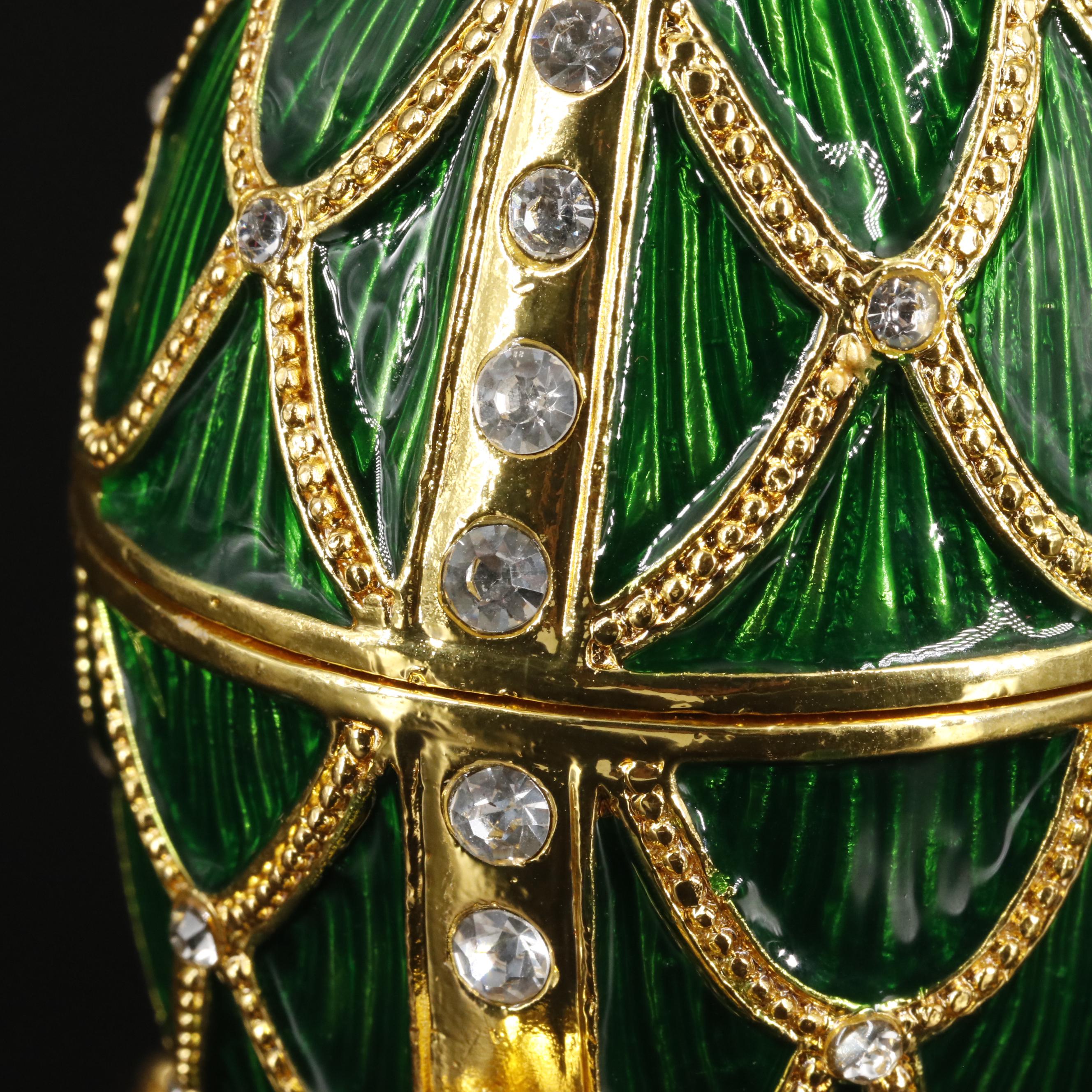 Bejeweled Crystal and Green Enamel Egg Musical Jewelry Trinket with Box