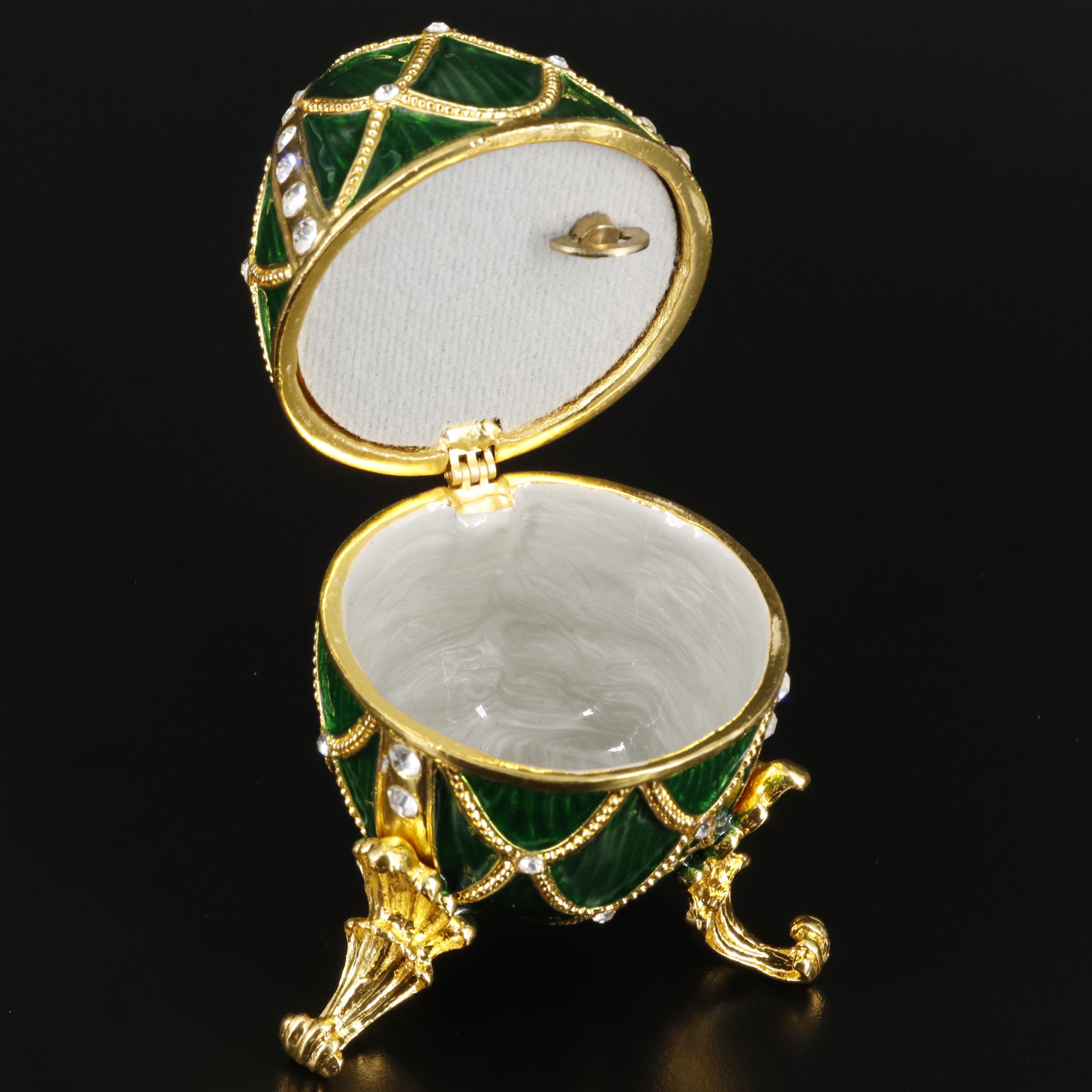 Bejeweled Crystal and Green Enamel Egg Musical Jewelry Trinket with Box