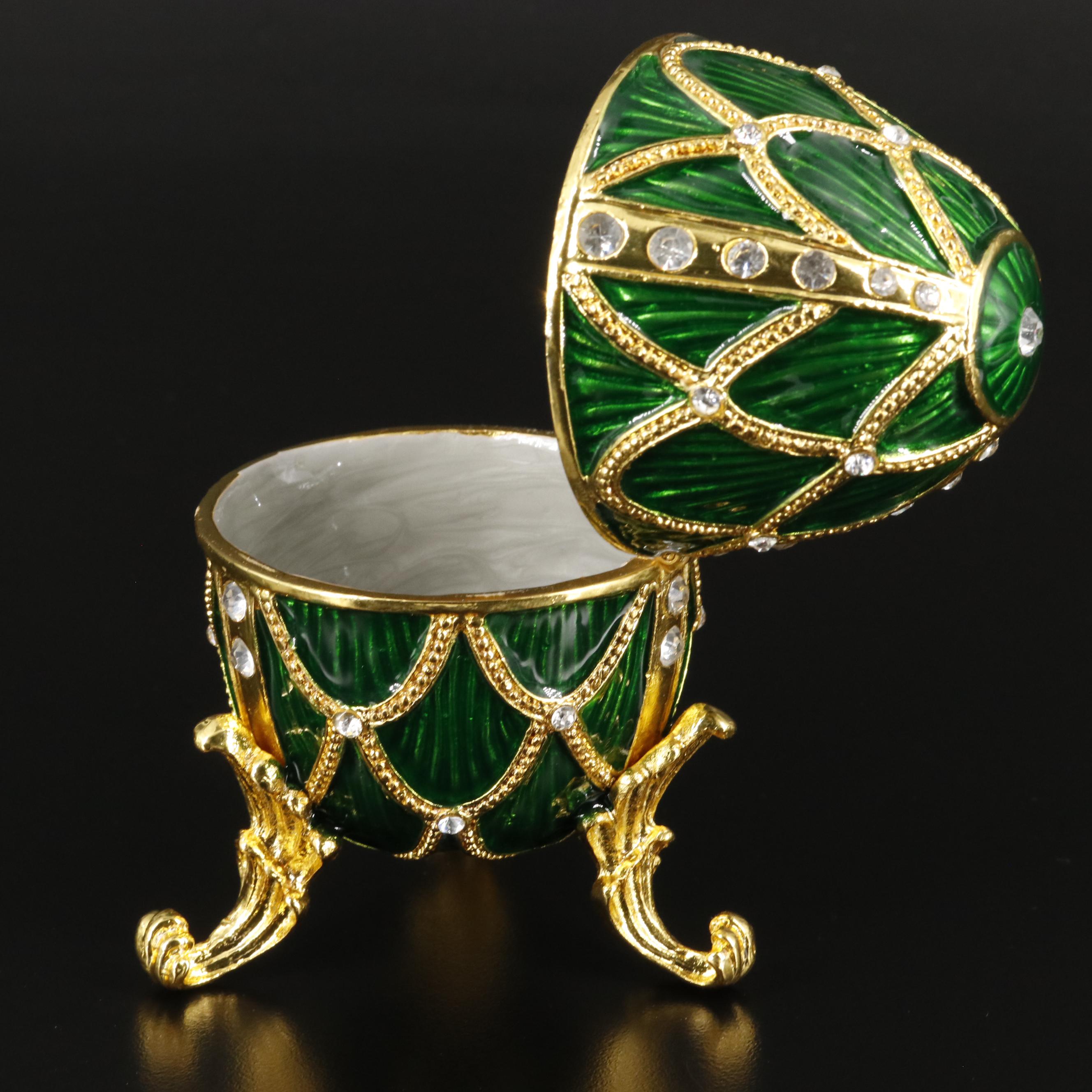 Bejeweled Crystal and Green Enamel Egg Musical Jewelry Trinket with Box