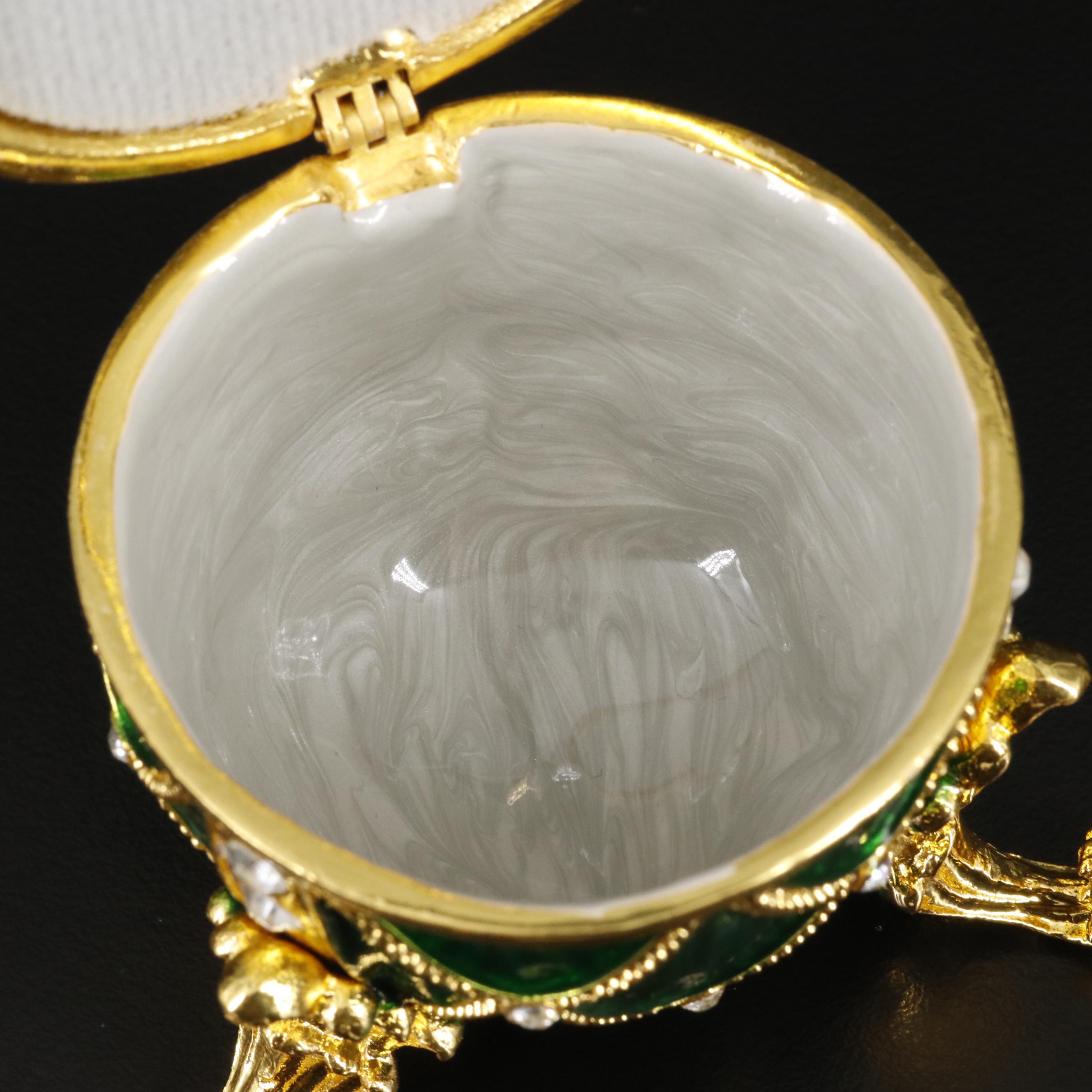 Bejeweled Crystal and Green Enamel Egg Musical Jewelry Trinket with Box