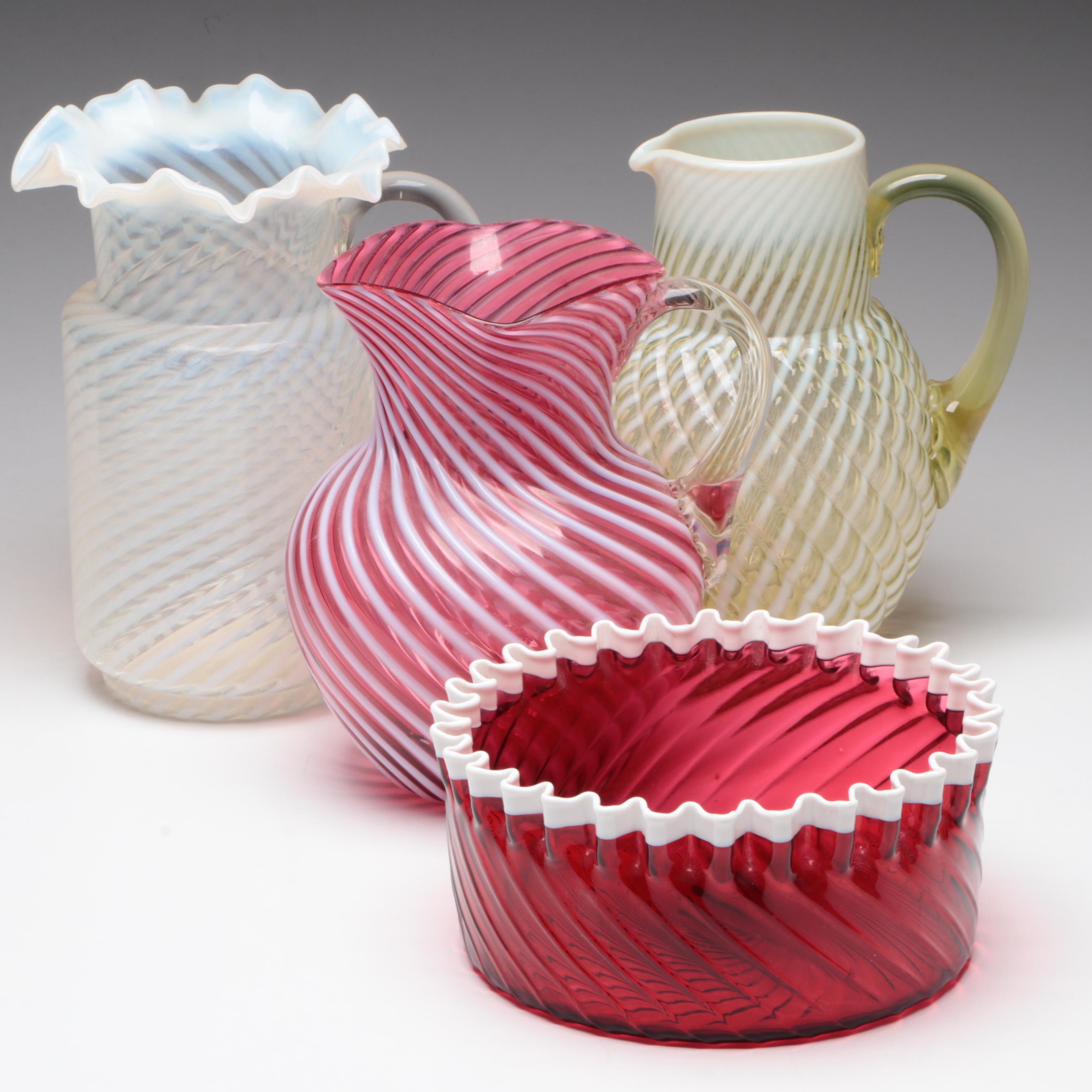 White Swirl Opalescent Glass Pitchers with Bowl