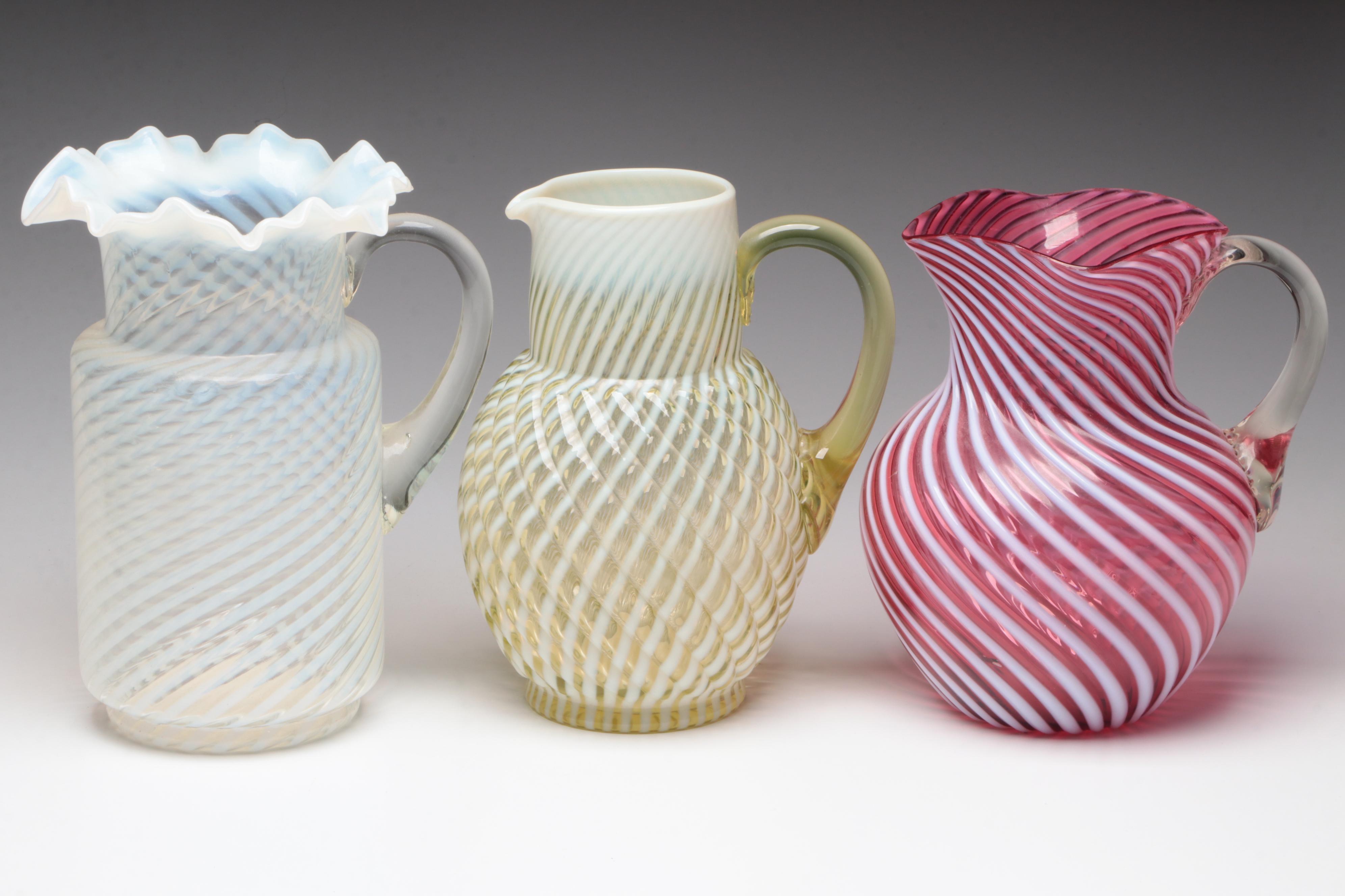 White Swirl Opalescent Glass Pitchers with Bowl
