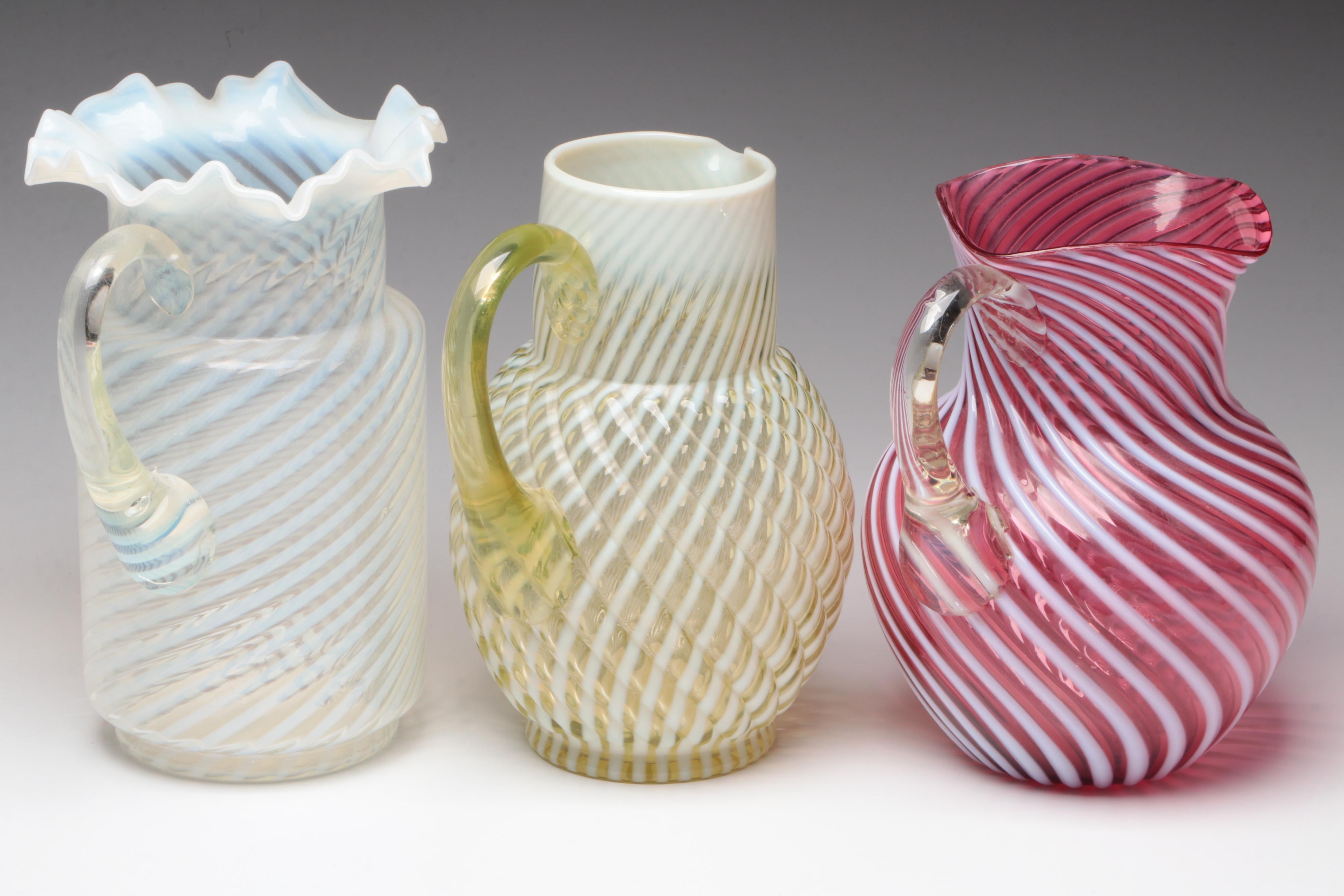 White Swirl Opalescent Glass Pitchers with Bowl