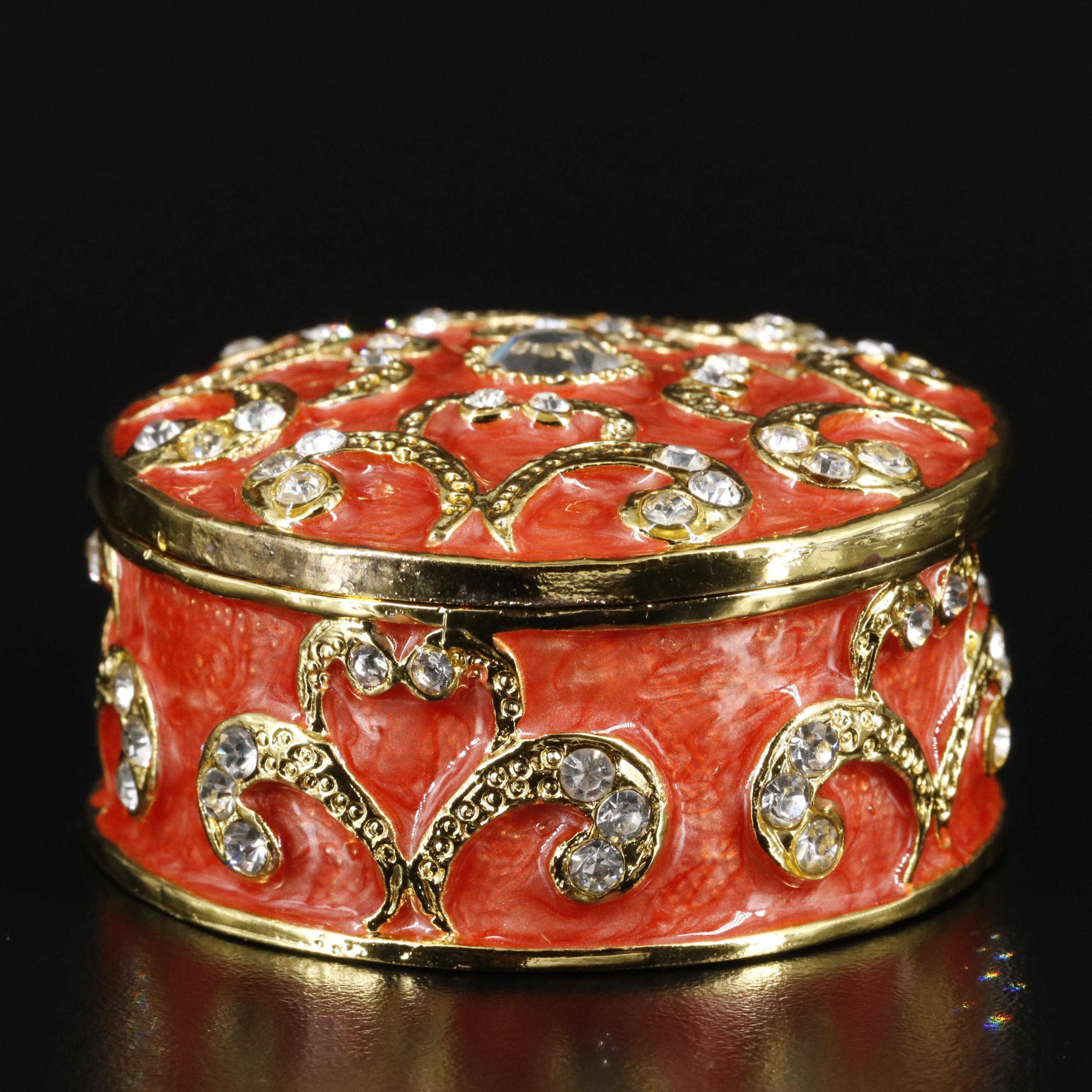 Rhinestone Crystal & Red Enamel Metal Magnetic Trinket with Box