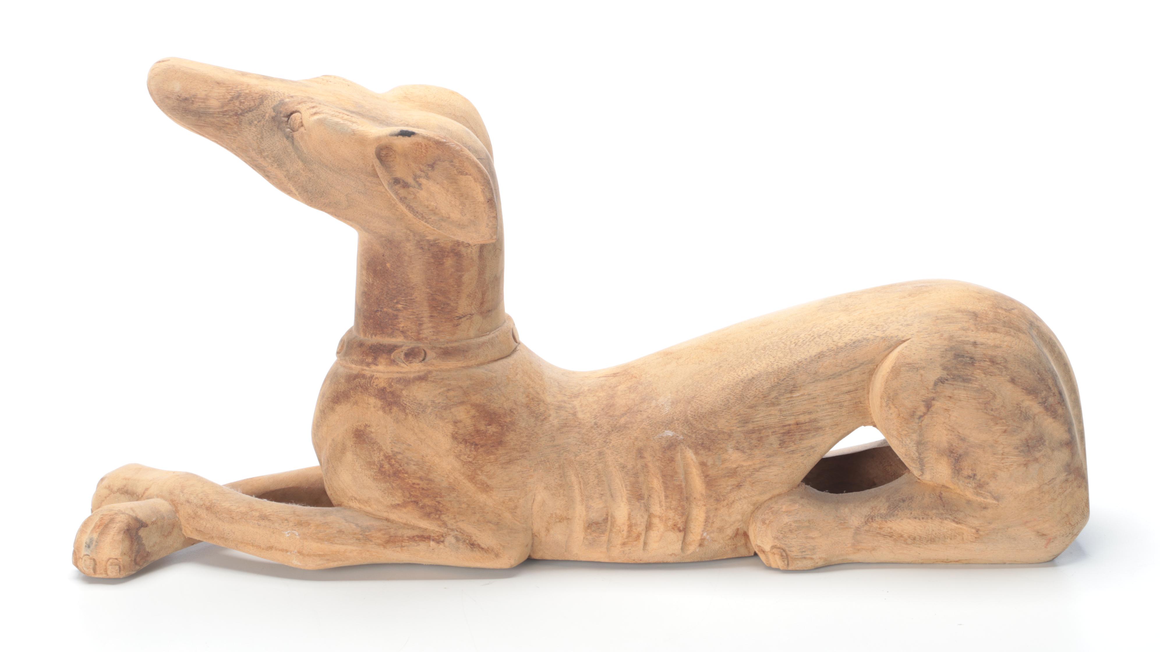 Hand-Carved Wooden Greyhound Statue