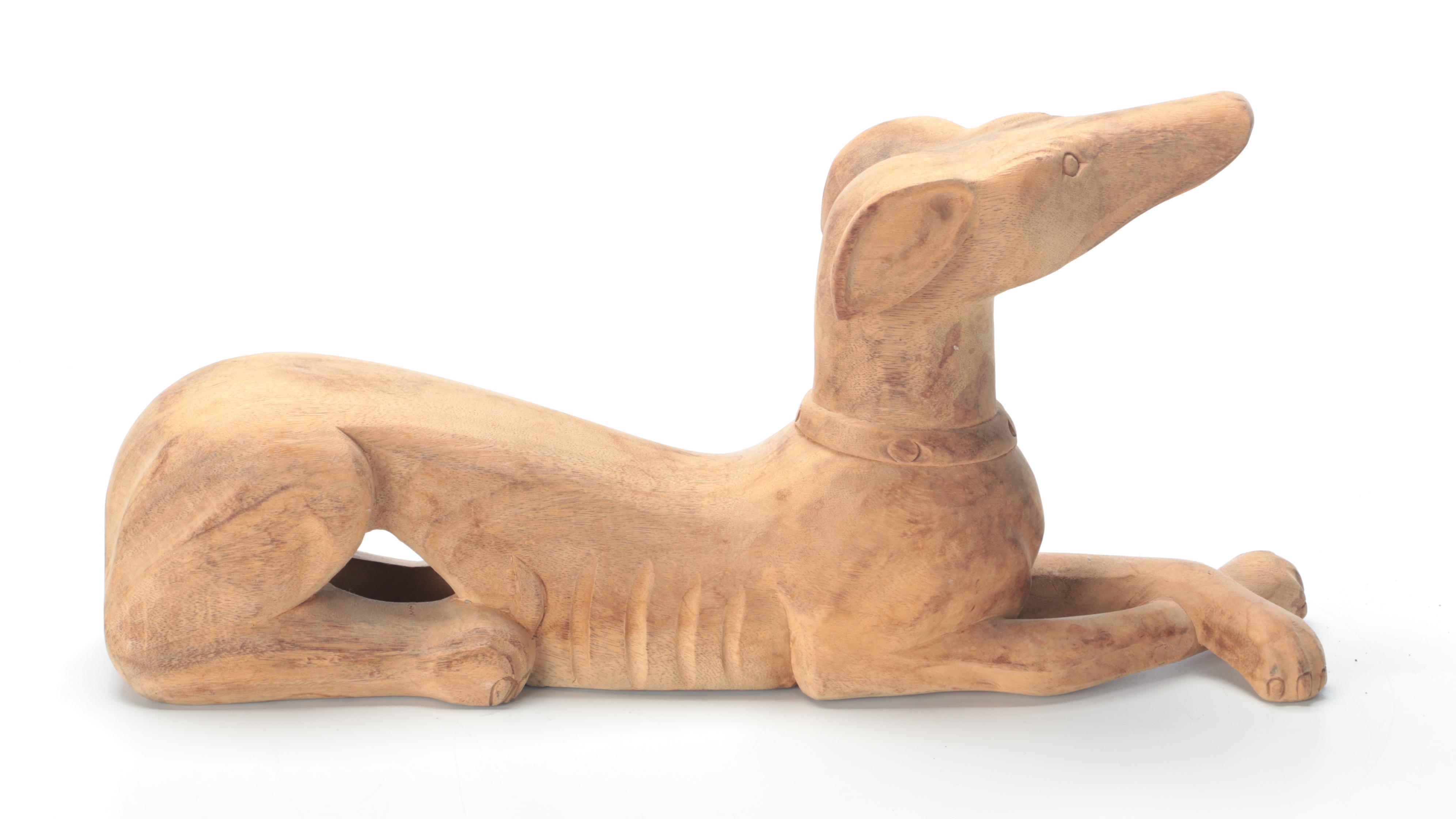 Hand-Carved Wooden Greyhound Statue