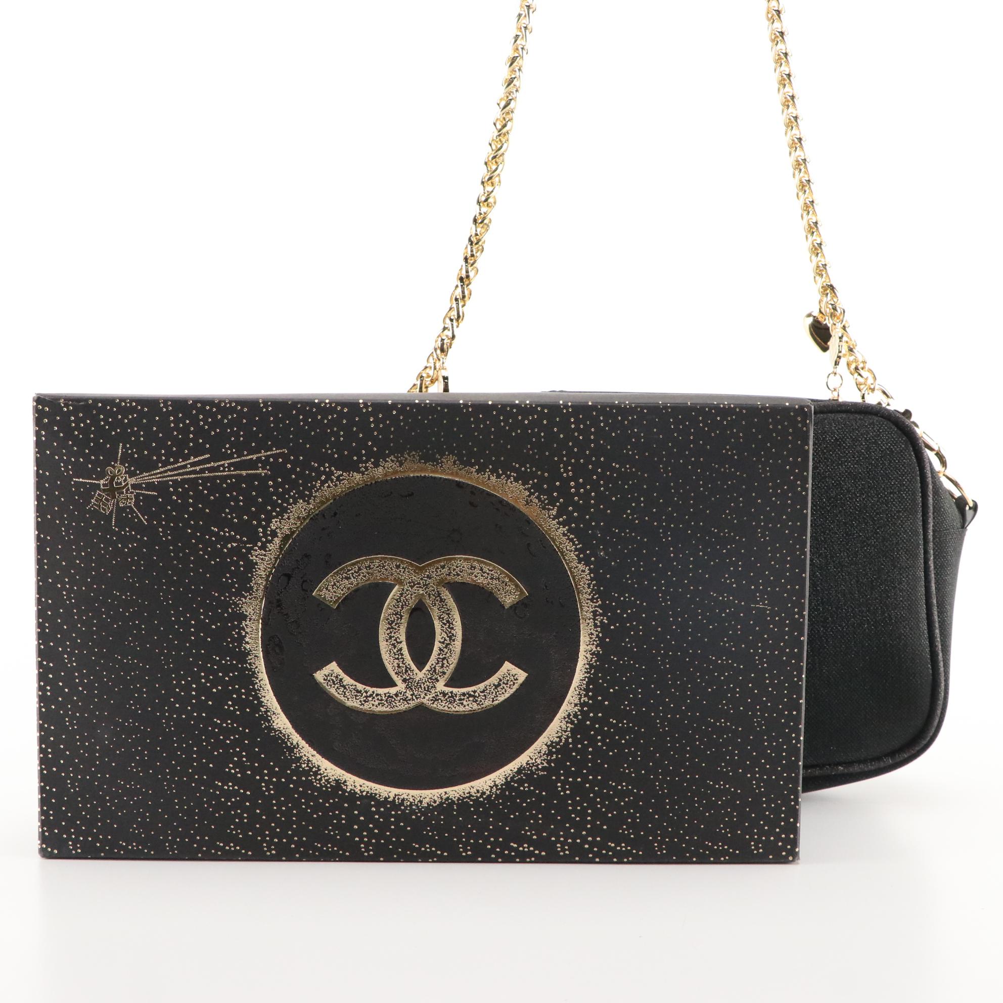 Chanel Limited Edition Black Glitter and Gold Zip Crossbody with Chain Strap