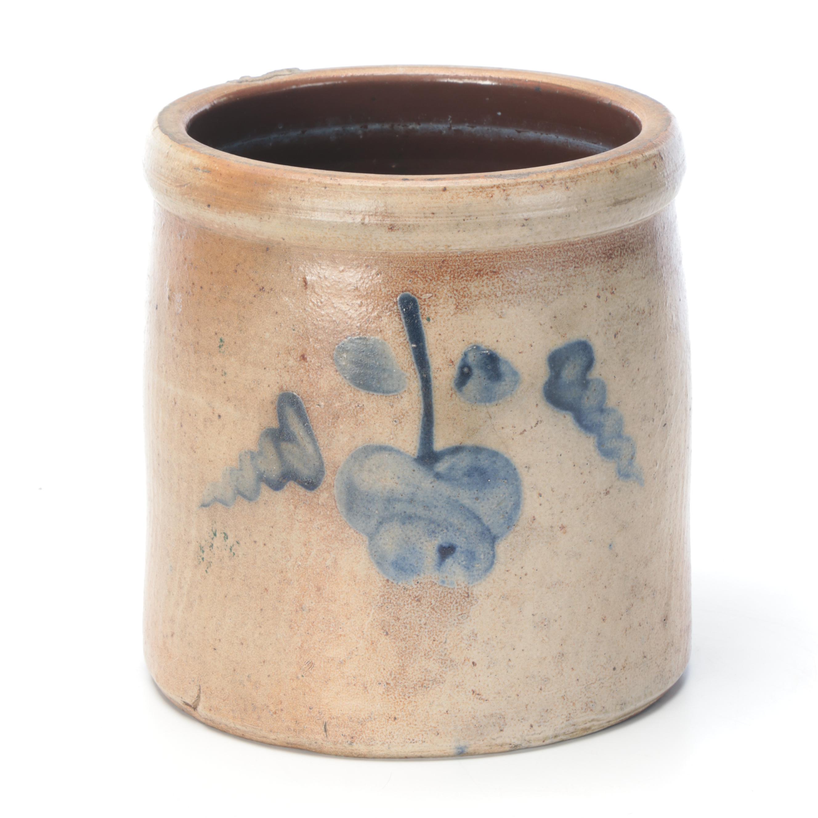 2 Gallon Salt Glazed Stoneware Crock with Freehand Cobalt Design, 19th Century