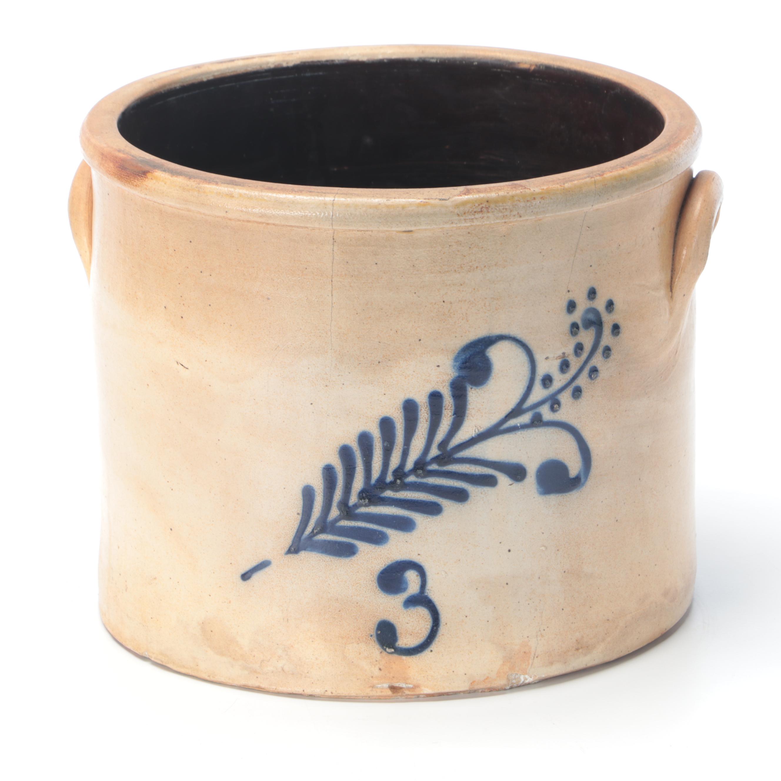 3 Gallon Stoneware Crock with Freehand Cobalt Design, 19th Century