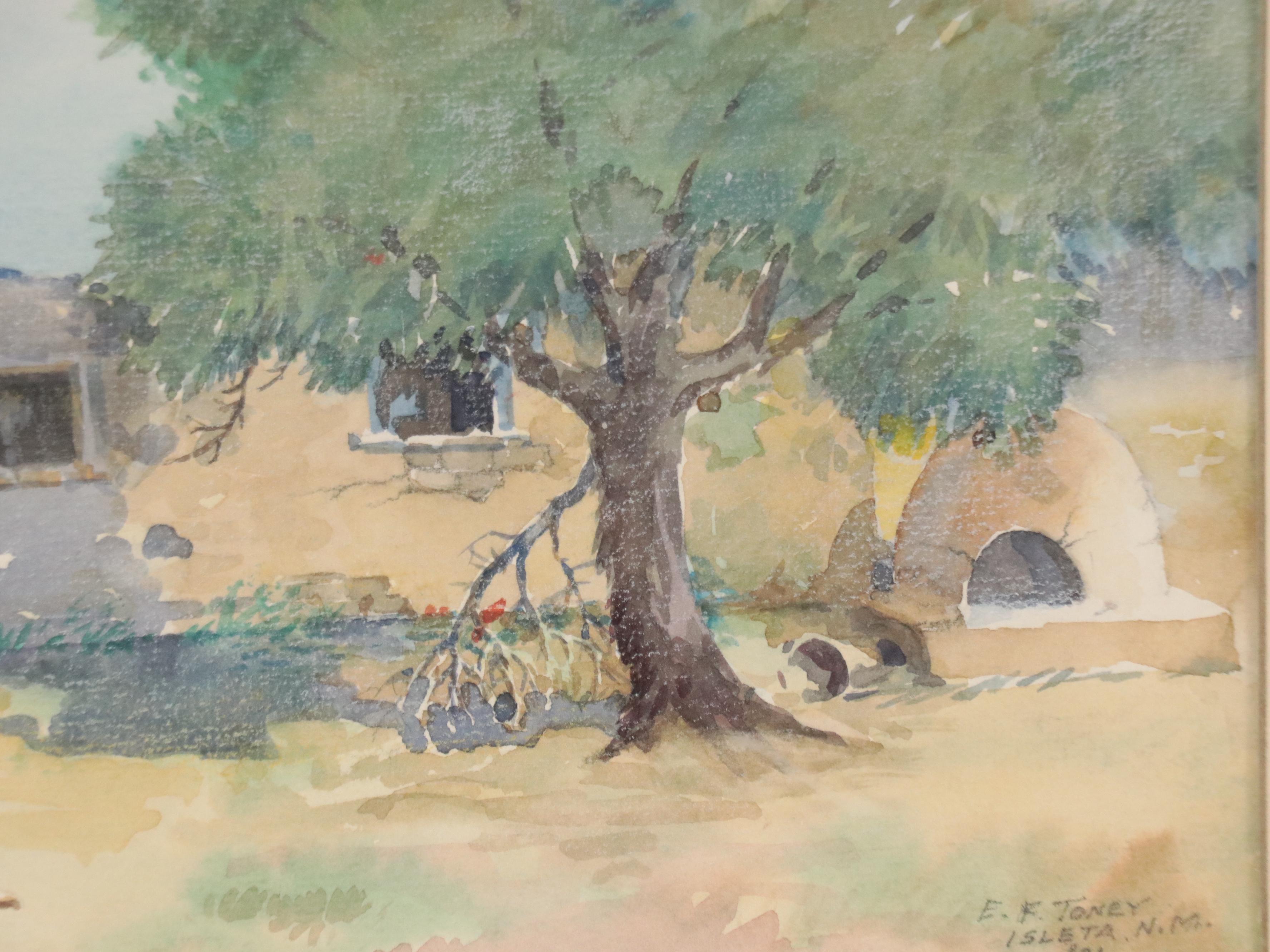 Isleta, New Mexico Landscape and Pueblo Watercolor Painting, 1931