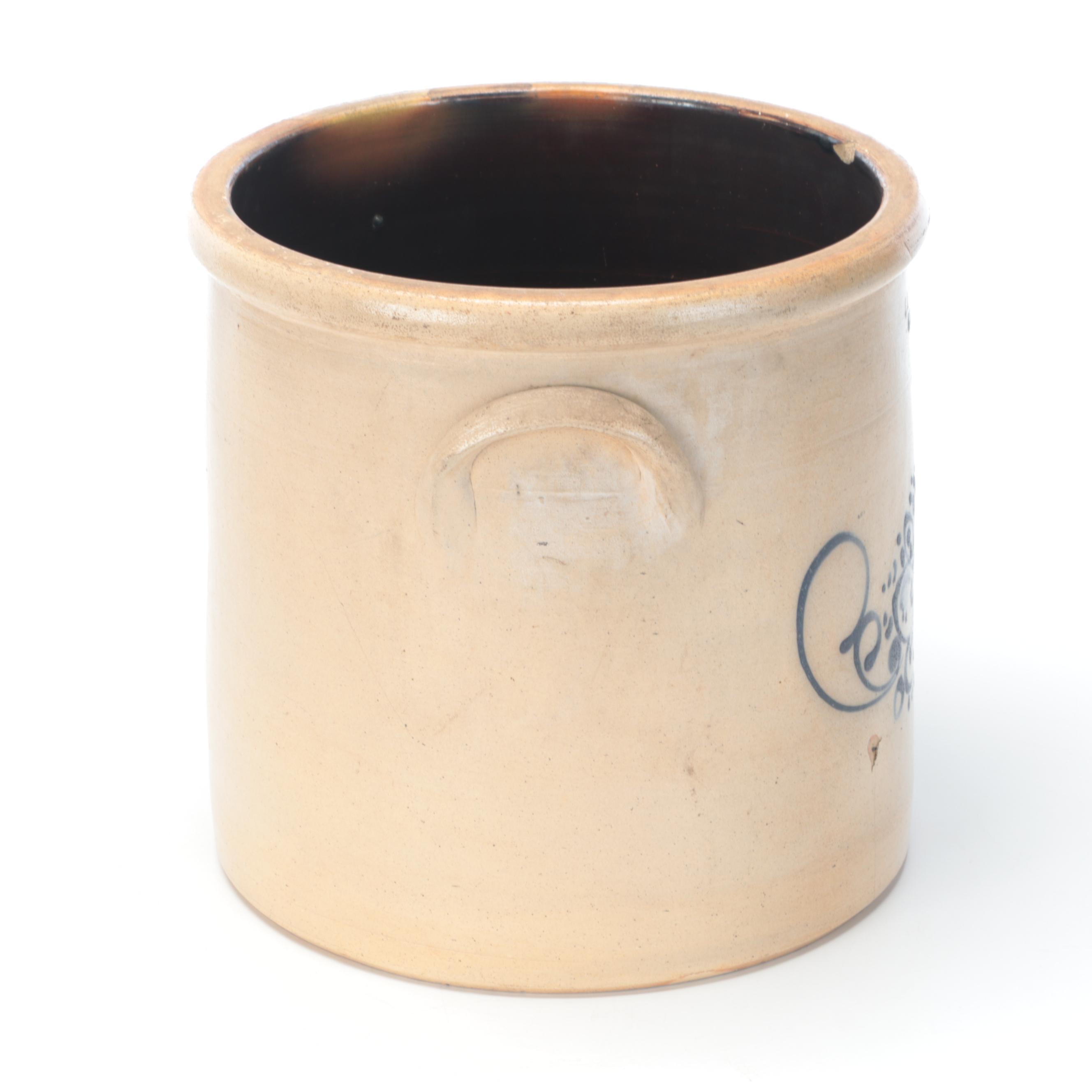 J A & C W Underwood Salt Glazed Stoneware Crock with Freehand Cobalt Design