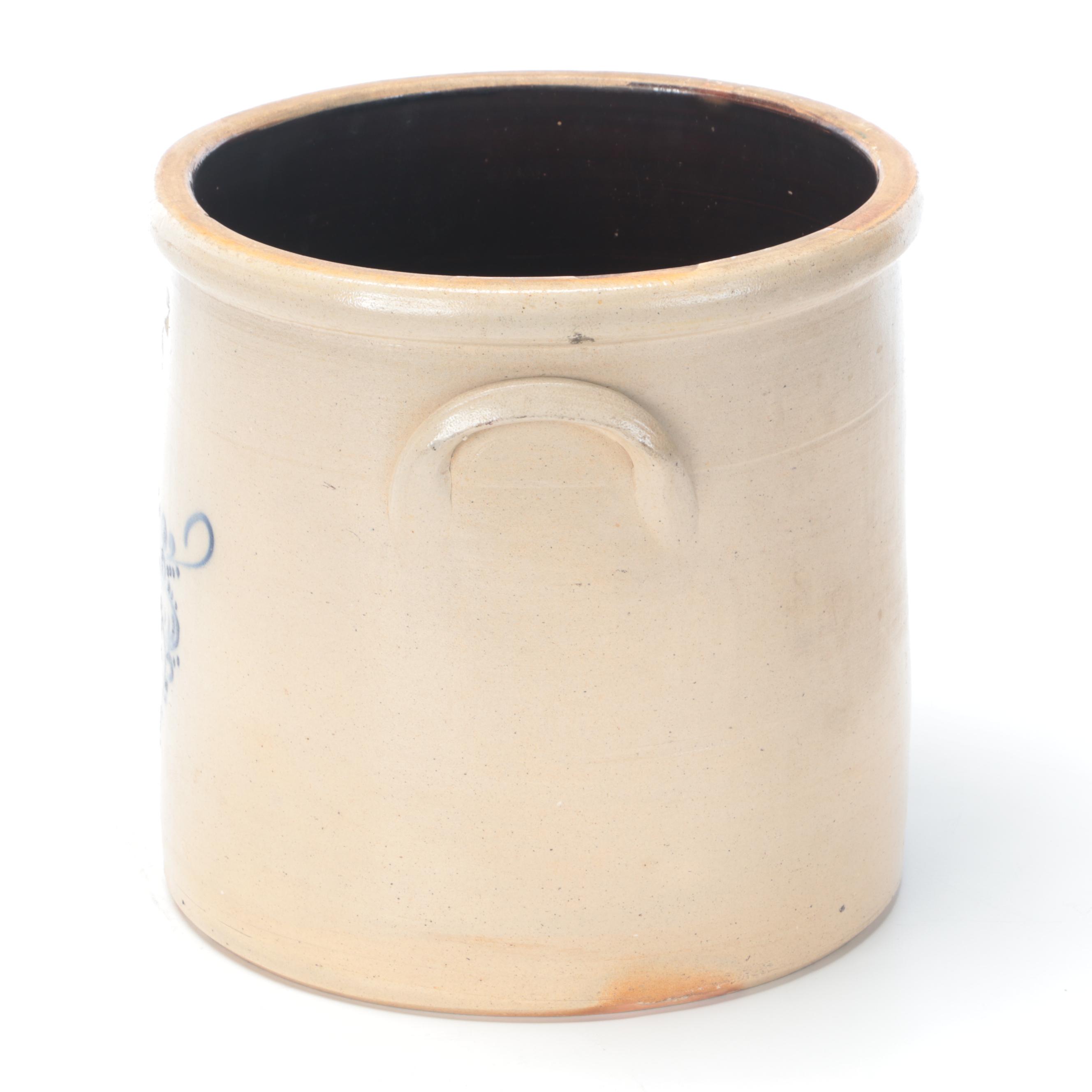 J A & C W Underwood Salt Glazed Stoneware Crock with Freehand Cobalt Design