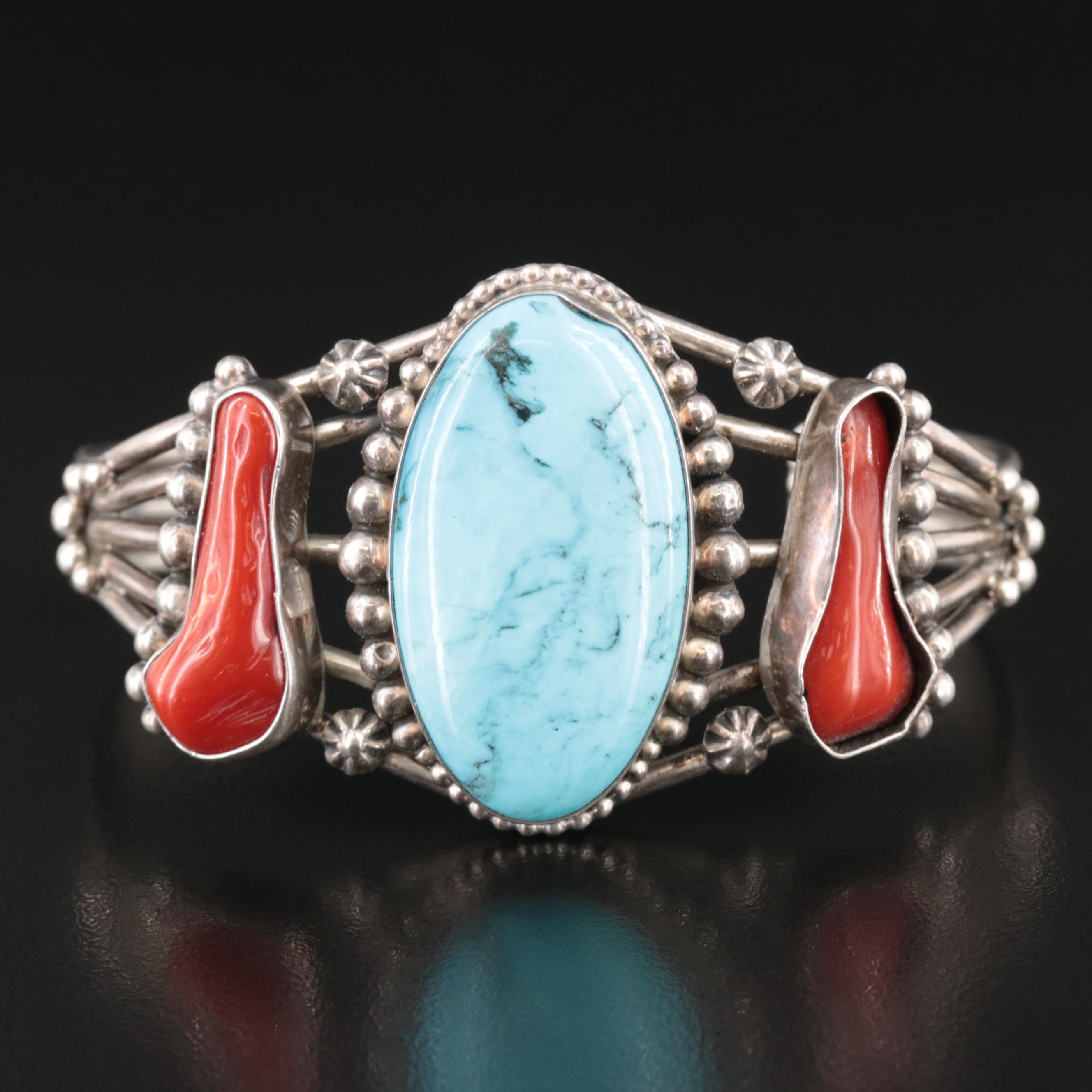 Running Bear Shop Sterling Turquoise and Coral Cuff