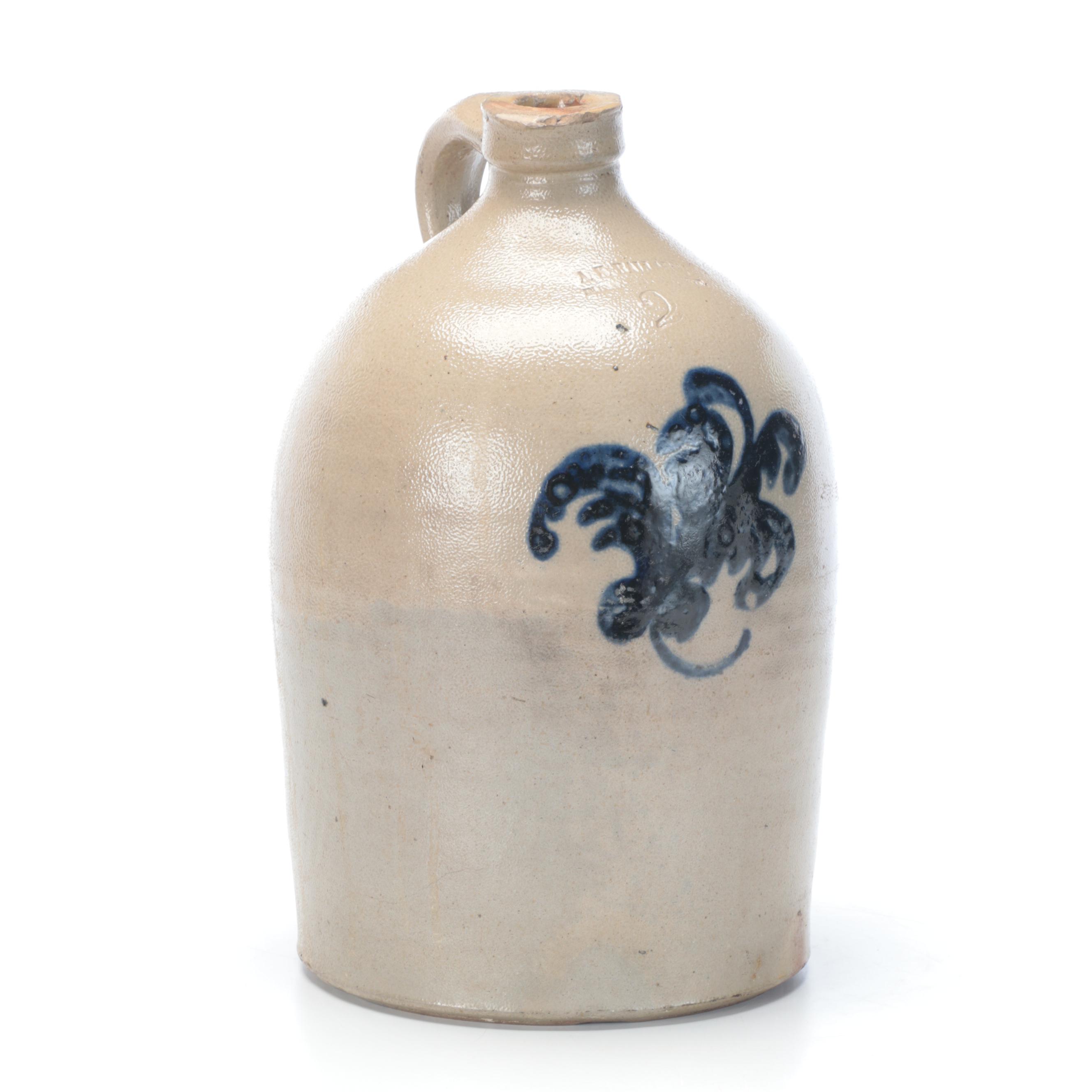 A.K. Ballard Salt Glaze Stoneware Jug with Freehand Cobalt Desgin
