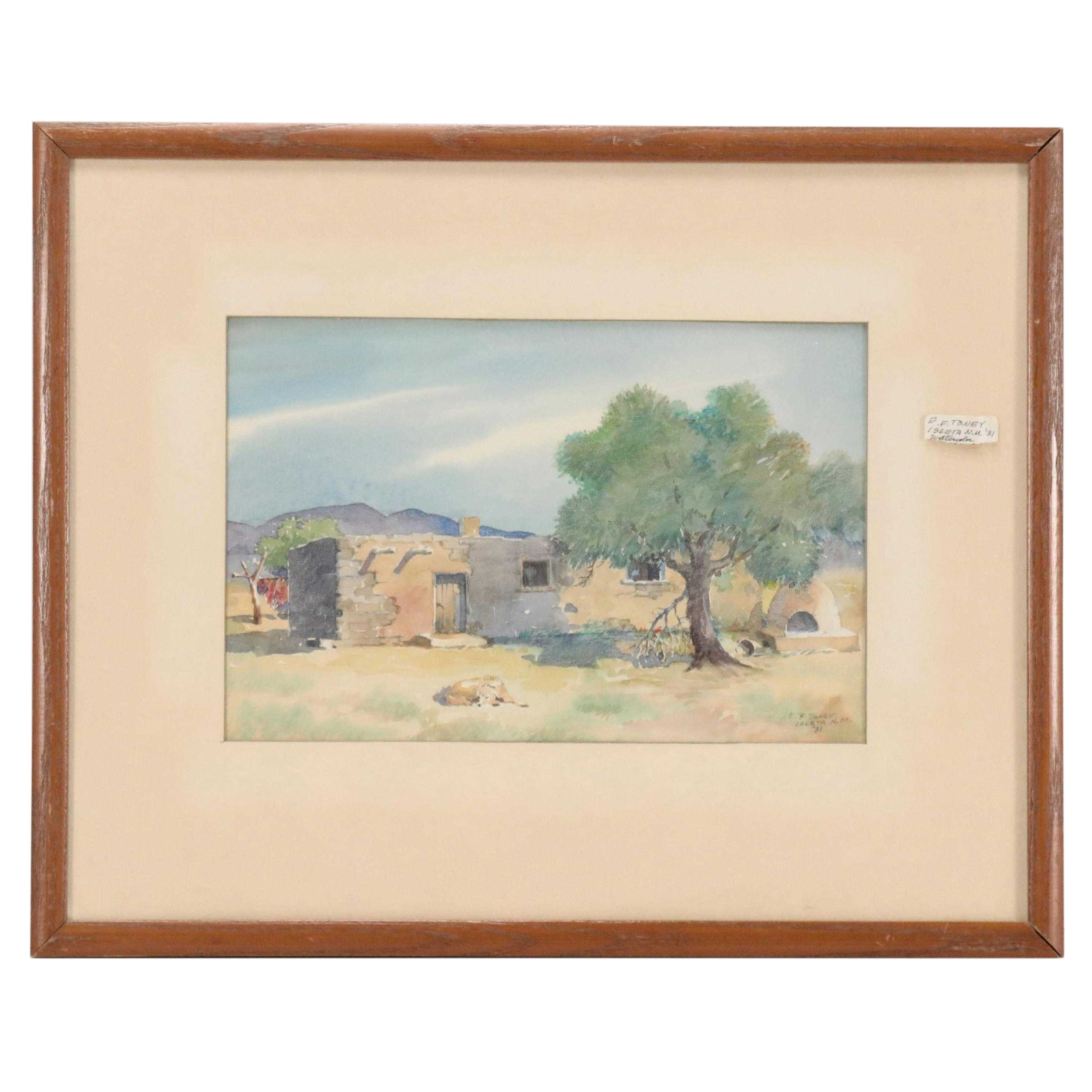 Isleta, New Mexico Landscape and Pueblo Watercolor Painting, 1931 EBTH